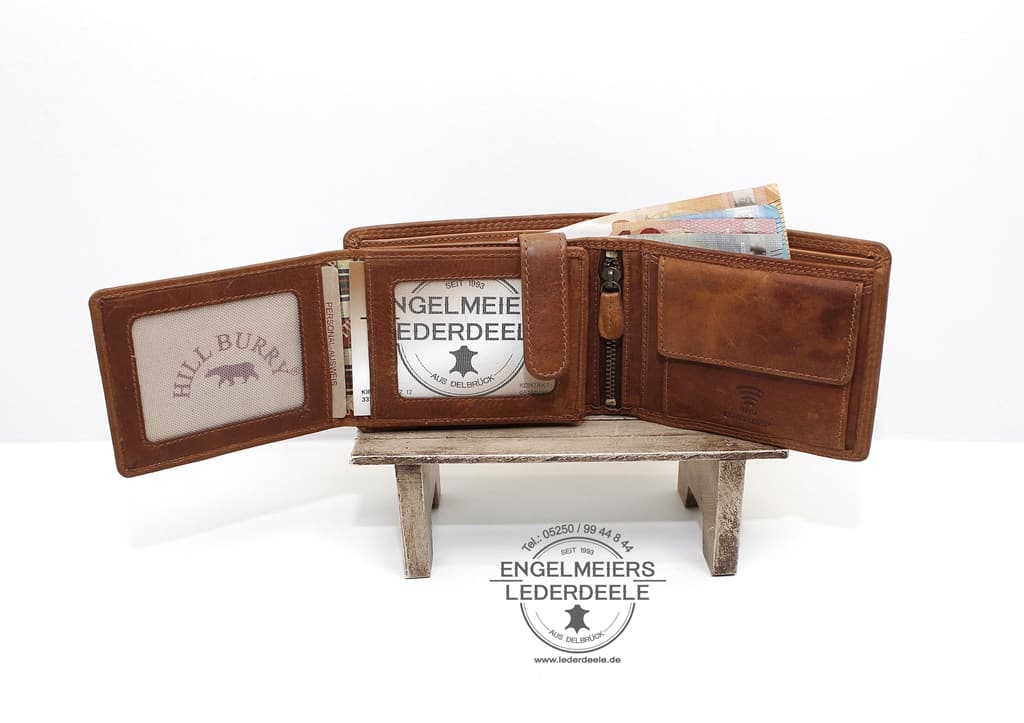 HB- 19-BROWN-4 Hill Burry Motorrad Portemonnaie. Geldbörse für Herren im Querformat. Bikerbörse in braun. Rindleder Riegelbörse, Kombibörse. Lederwaren Ostwestfalen. Lederdeele aus Delbrück. Ansicht Innenansicht
