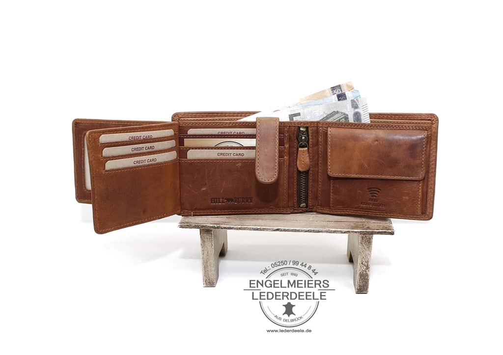 HB- 19-BROWN-5 Hill Burry Motorrad Portemonnaie. Geldbörse für Herren im Querformat. Bikerbörse in braun. Rindleder Riegelbörse, Kombibörse. Lederwaren Ostwestfalen. Lederdeele aus Delbrück. Ansicht Kartenfächer