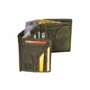 Greenburry Geldbörse Hirsch Hochformat aus der Vintage Hunting Kollektion. Portemonnaie mit Motiv auf der Vorderseite, Hirsch. Jäger, Jagd. Naturbelassenes Rindleder, unsed Look. Farbe grün, Waldgrün, slow Fashion. Lederwaren Ostwestfalen, Lederdeele Delbrück Paderborn. Ansicht Kartenfächer