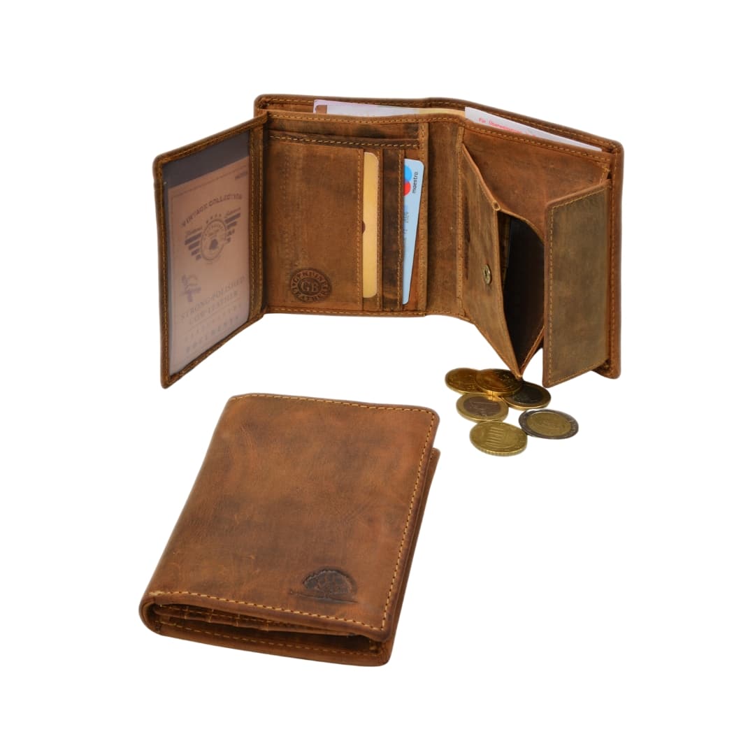 Greenburry Geldbörse used Look Hochformat aus der Vintage Original Kollektion. Portemonnaie, naturbelassenes Rindleder, unsed Look. Farbe braun, Sattelbraun, slow Fashion. Lederwaren Ostwestfalen, Lederdeele Delbrück Paderborn. Ansicht Innenansicht
