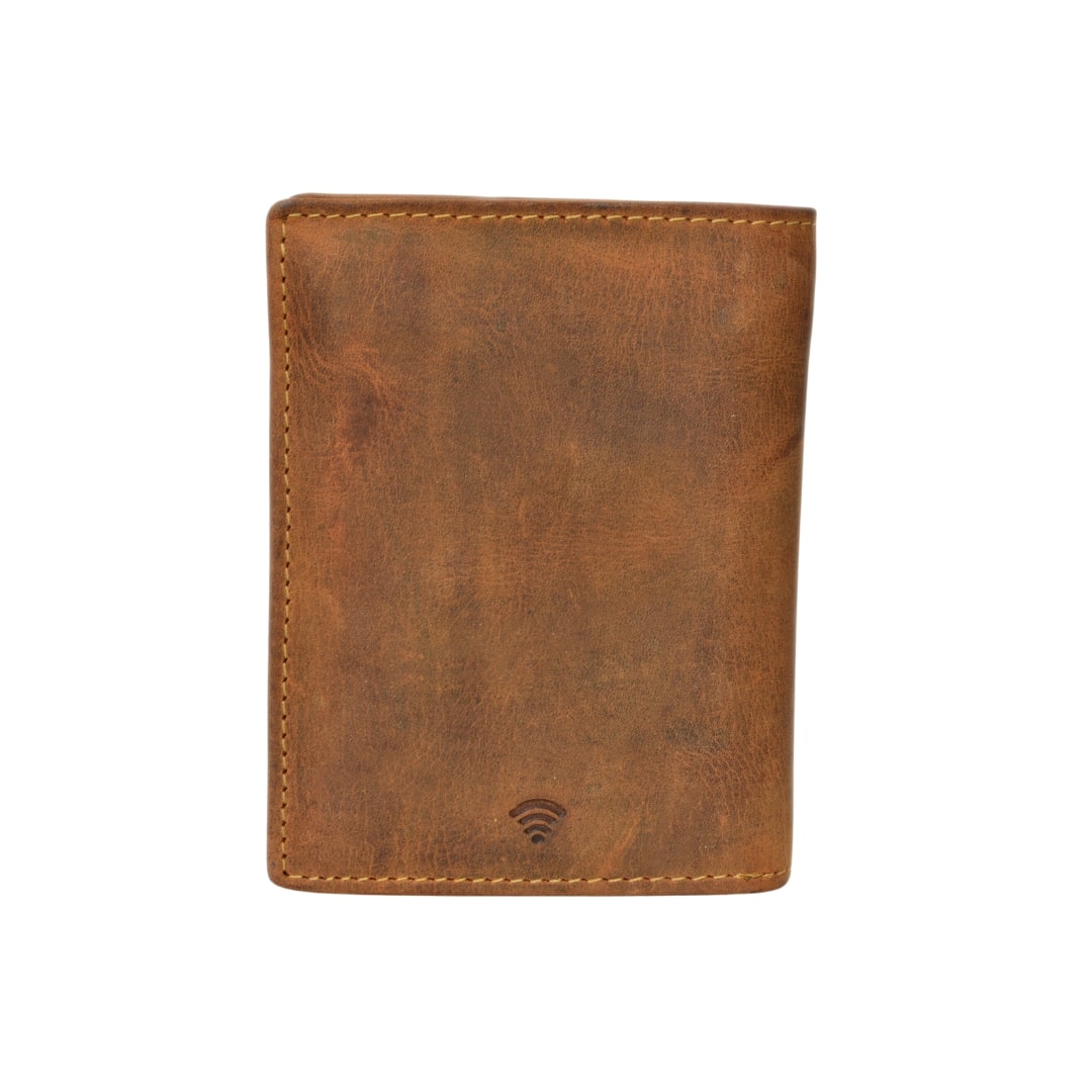 Greenburry Geldbörse used Look Hochformat aus der Vintage Original Kollektion. Portemonnaie, naturbelassenes Rindleder, unsed Look. Farbe braun, Sattelbraun, slow Fashion. Lederwaren Ostwestfalen, Lederdeele Delbrück Paderborn. Ansicht Rückseite Leder mit RFID