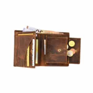 Greenburry Geldbörse Pferd Hochformat aus der Vintage Hunting Kollektion. Portemonnaie mit Motiv auf der Vorderseite, Pferd. Naturbelassenes Rindleder, unsed Look. Farbe Sattelbraun, slow Fashion. Lederwaren Ostwestfalen, Lederdeele Delbrück Paderborn. Ansicht Innenansicht
