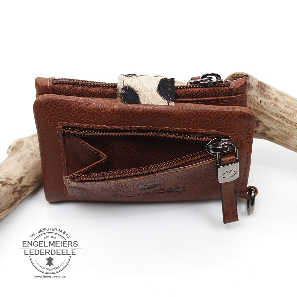 braunes Leder Portemonnaie Wildlife von micmacbags. Damen Geldbörse aus Rindleder mit Animal Print Magnetverschluss. Produktansicht Reißverschlussfach