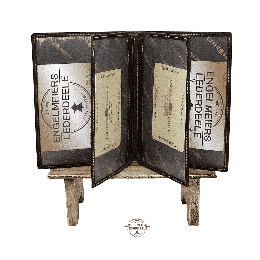 Green Burry Dokumentenmappe - Lederwaren Lederdeele Engelmeier, Delbrück- 328 B-25-BOAR- 4 Jagdscheintasche mit geprägtem Wildschwein auf der Vorderseite, von Green Burry, Farbe braun rustikal, vintage Antik. Innenansicht, Aufbewahrung mit sechs Steckfächern für Reisepass, Impfausweis, Diabetes, Pässe, Jagdschein, Dokumente, Waffenbesitzkarte
