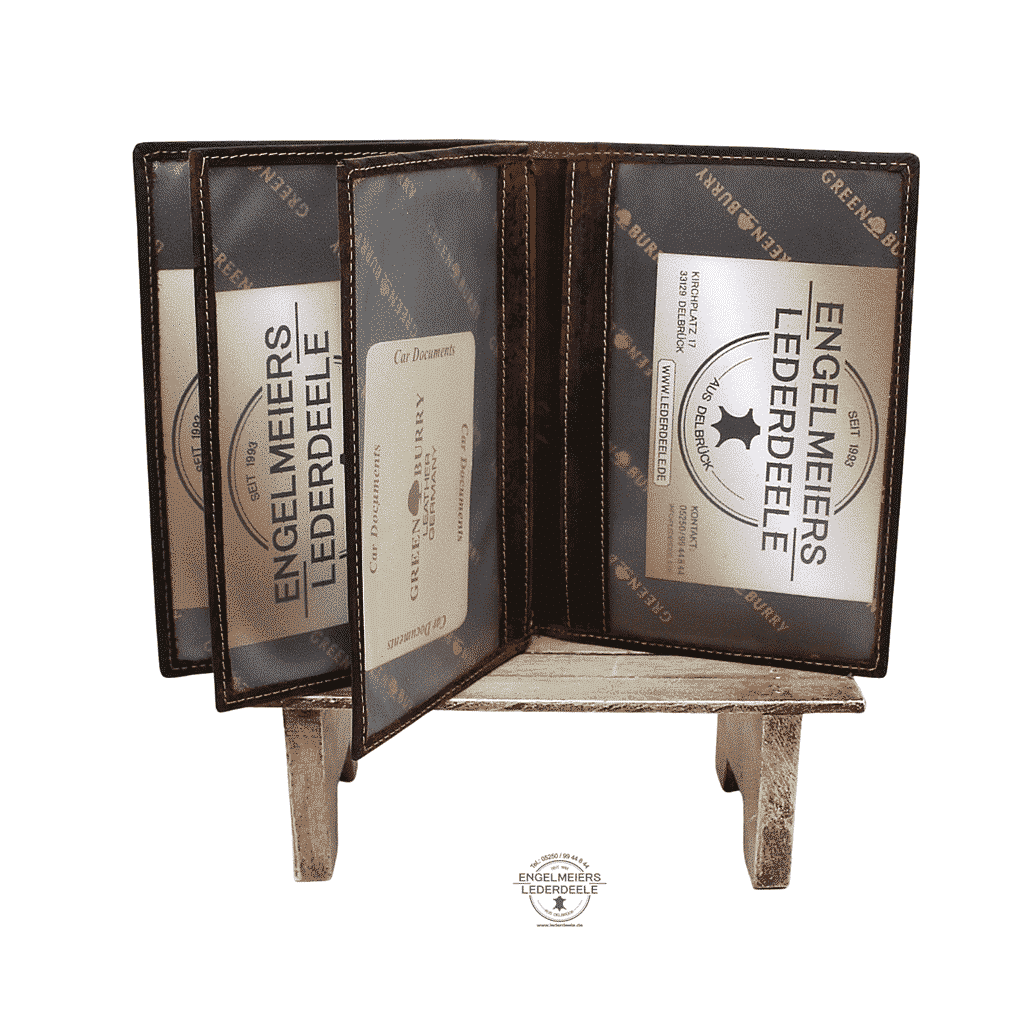 Green Burry Dokumententasche - Lederwaren Lederdeele Engelmeier, Delbrück- 328 B-25-BOAR- 5 Jagdscheintasche mit geprägtem Wildschwein auf der Vorderseite, von Green Burry, Farbe braun rustikal, vintage Antik. Innenansicht, Aufbewahrung mit sechs Steckfächern für Reisepass, Impfausweis, Diabetes, Pässe, Jagdschein, Dokumente, Waffenbesitzkarte