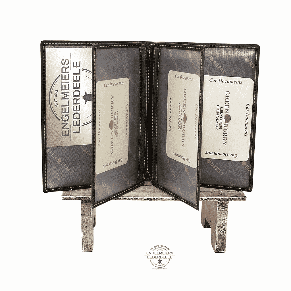 Jagdscheintasche mit geprägtem Hirsch auf der Vorderseite, von Green Burry, Farbe Grün rustikal, vintage Antik. Produktansicht innen, mit sechs Steckfächern für Reisepass, Impfausweis, Diabetes, Pässe, Jagdschein, Dokumente, Waffenbesitzkarte