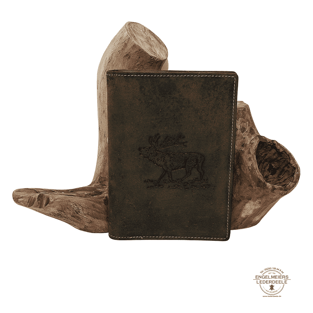 Jagdscheintasche mit geprägtem Hirsch auf der Vorderseite, von Green Burry, Farbe Grün rustikal, vintage Antik. Titelbild, Aufbewahrung für Reisepass, Impfausweis, Diabetes, Pässe, Jagdschein, Dokumente, Waffenbesitzkarte