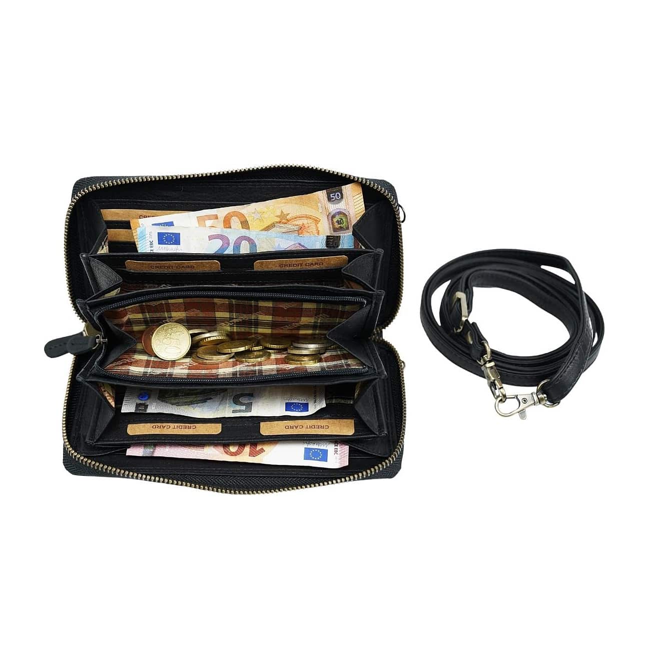 Hill Burry Handytasche mit Portemonnaie zum Unhängen_Ledertasche_Tasche aus Leder für Damen_Lederdeele Engelmeier Delbrück_14 Hill Burry Handytasche mit Portemonnaie zum Umhängen. Farbe schwarz, kleine Ledertasche für Damen. Smartphone Tasche aus Leder mit langem Tragegurt. Lederdeele Engelmeier Delbrück. Innenansicht Geldbörse, Münzen und Bargeld