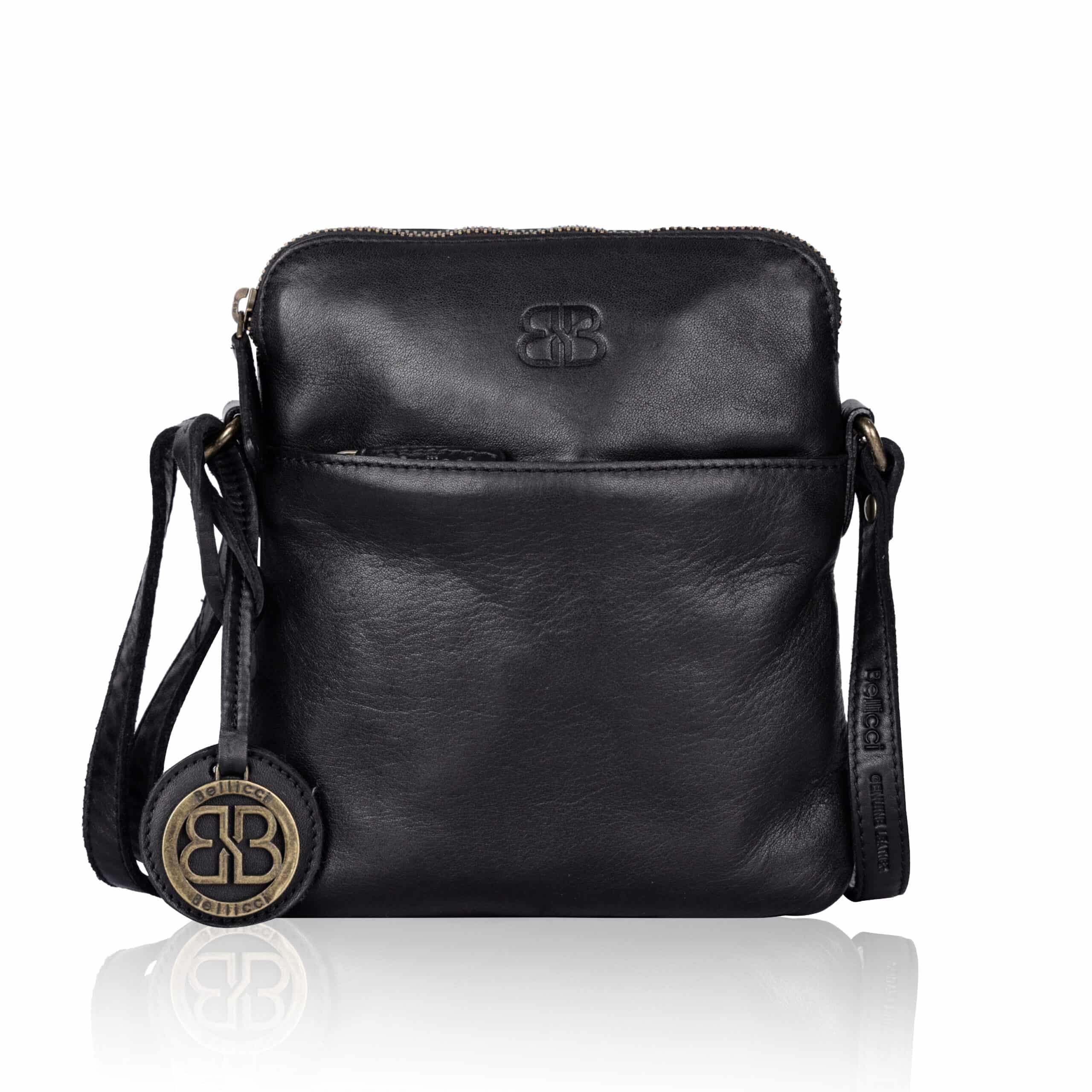 Ledertasche Celeste Bellicci_kleine Leder Umhängetasche schwarz_Lederdeele Engelmeier Delbrück_03 kleine Ledertasche Celeste von Bellicci, Tasche für Damen aus Leder, pflanzlich gegerbte Umhängetasche, Farbe schwarz, Lederdeele Engelmeier Delbrück - Vorderseite