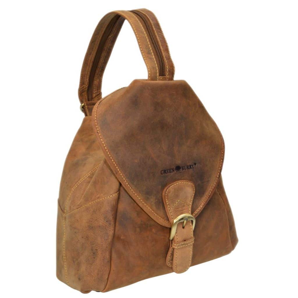 Lederrucksack Triangle Greenburry_ GB-1716_Slow Fashion_kleiner Leder Rucksack_vintage_Rindleder_Damen_Lederdeele Engelmeier_Delbrück_Ostwestfalen_02 Lederrucksack Triangle Greenburry. Rucksack aus nachhaltigem und natürlichem Rindleder. Vintage antik, used look - slow Fashion. Farbe Sattelbraun. Lederdeele Engelmeier Delbrück, Lederwaren Ostwestfalen. Ansicht Vorderseite