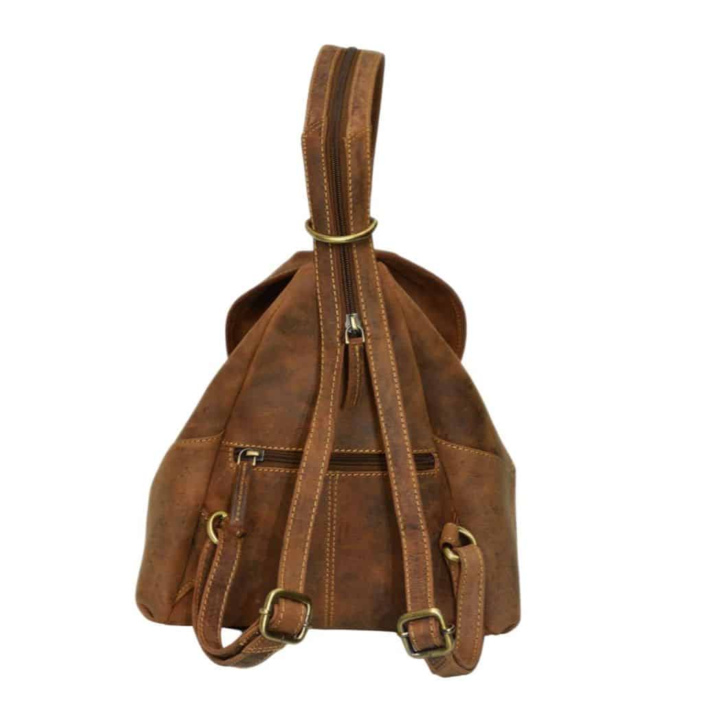 Lederrucksack Triangle Greenburry_ GB-1716_Slow Fashion_kleiner Leder Rucksack_vintage_Rindleder_Damen_Lederdeele Engelmeier_Delbrück_Ostwestfalen_06 Lederrucksack Triangle Greenburry. Rucksack aus nachhaltigem und natürlichem Rindleder. Vintage antik, used look - slow Fashion. Farbe Sattelbraun. Lederdeele Engelmeier Delbrück, Lederwaren Ostwestfalen. Ansicht Rückseite