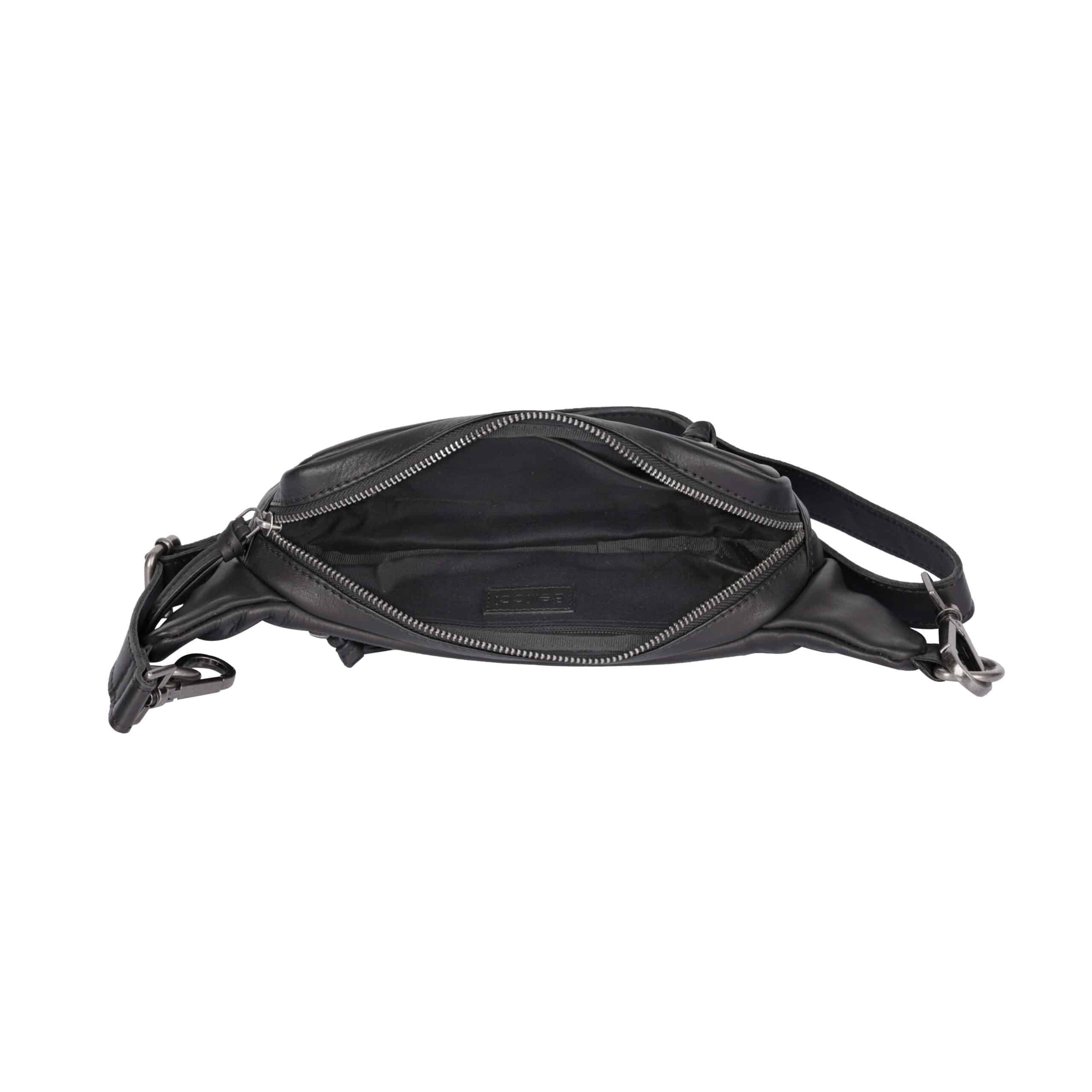 Leder Bauchtasche Kapri von Bellicci. Crossbody Bag aus feinem Rindleder mit einem Innenfutter aus Baumwolle. Slow Fashion Ledertasche für Damen. Farbe schwarz. Lederwaren Ostwestfalen, Lederdeele Delbrück. Innenansicht