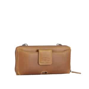Handytasche mit Geldbörse Kreative Kadence von Sparwell. Ledertasche mit Portemonnaie und Handyfach für Smartphone. Farbe cognac. Lederwaren Ostwestfalen. Lederdeele aus Delbrück. Ansicht Vorderseite