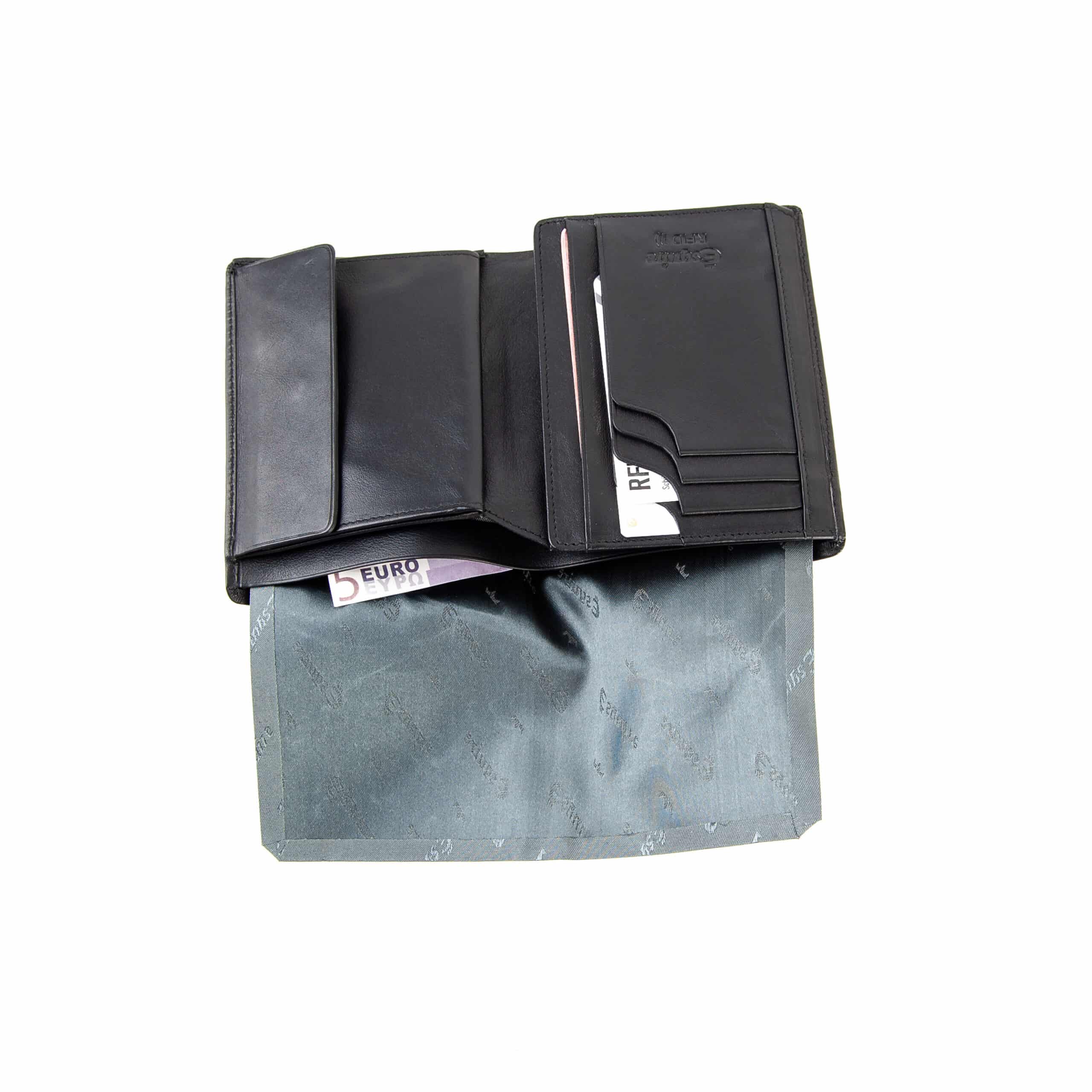 Esquire_Hochformatbörse_Logo_Herren_Portemonnaie_schwarz_RFID_Echtleder_Lederwaren_Lederdeele_Delbrück_08 Esquire Logo Hochformatbörse für Herren mit einem Ausleger. Schwarze Geldbörse mit RFID Schutz und Geheimfach. Elegantes Portemonnaie aus Rindleder, Napa Leder. Lederwaren Ostwestfalen, Lederdeele aus Delbrück. Ansicht Scheinfach mit Geheimfach