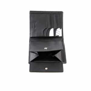 Esquire Logo Hochformatbörse flach. Schwarze Geldbörse für Herren mit RFID Schutz und Geheimfach. Portemonnaie aus Rindleder, Napa Leder. Lederwaren Ostwestfalen, Lederdeele aus Delbrück. Ansicht Münzfach