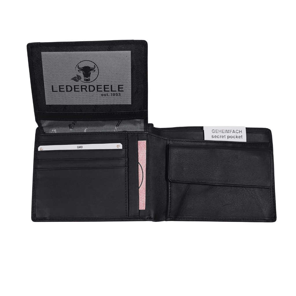 Esquire_Querformatbörse_Logo_Herren_Portemonnaie_schwarz_RFID_Echtleder_Lederwaren_Lederdeele_Delbrück_05 Esquire Logo Querformatbörse für Herren mit einem Ausleger. Schwarze Geldbörse mit RFID Schutz und Geheimfach. Elegantes Portemonnaie aus Rindleder, Napa Leder. Lederwaren Ostwestfalen, Lederdeele aus Delbrück. Ansicht Innenansicht