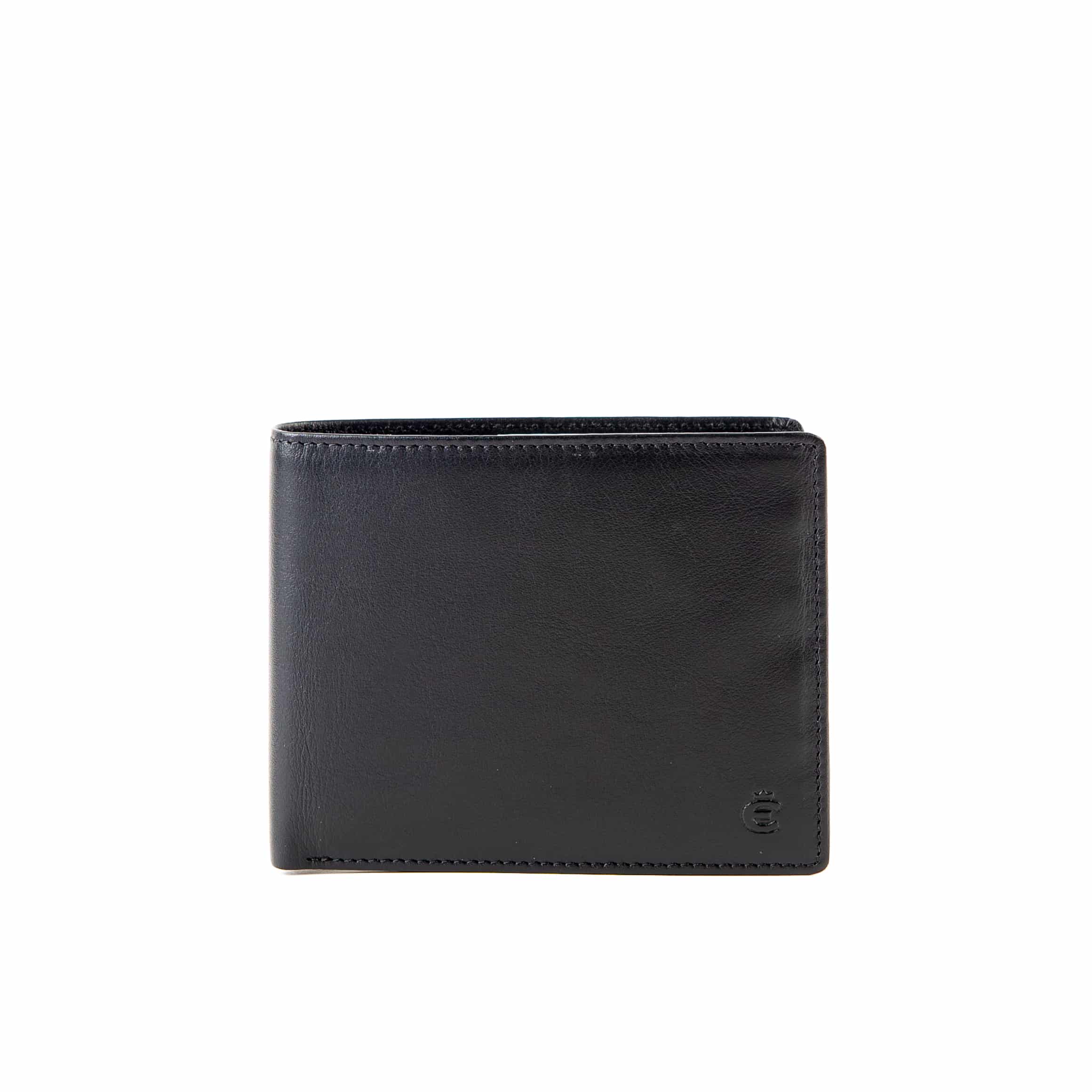 Esquire Logo Querformatbörse flach. Schwarze Geldbörse für Herren mit RFID Schutz und Geheimfach. Portemonnaie aus Rindleder, Napa Leder. Lederwaren Ostwestfalen, Lederdeele aus Delbrück. Ansicht Vorderseite