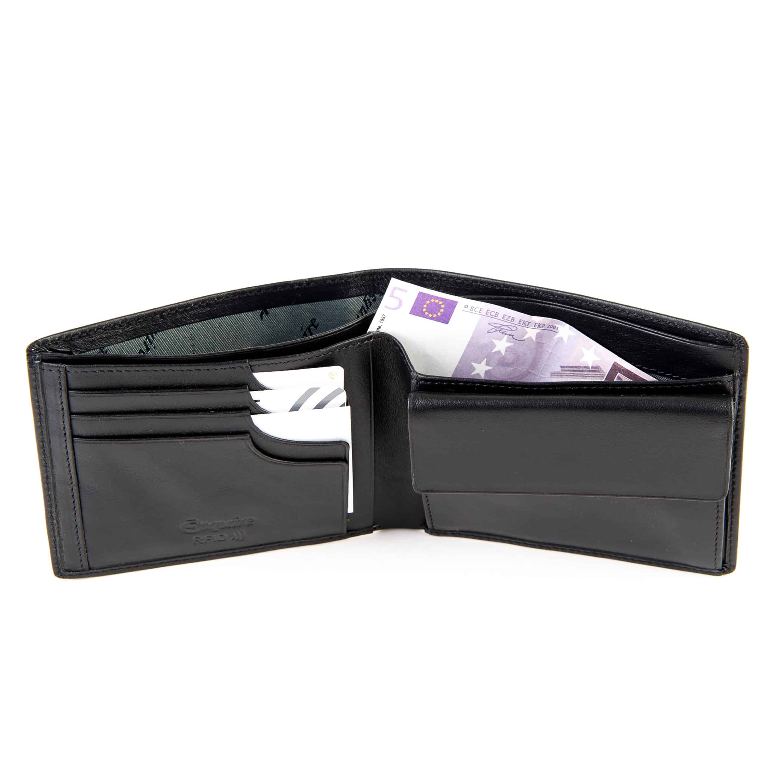 Esquire Logo Querformatbörse flach. Schwarze Geldbörse für Herren mit RFID Schutz und Geheimfach. Portemonnaie aus Rindleder, Napa Leder. Lederwaren Ostwestfalen, Lederdeele aus Delbrück. Ansicht Innenansicht