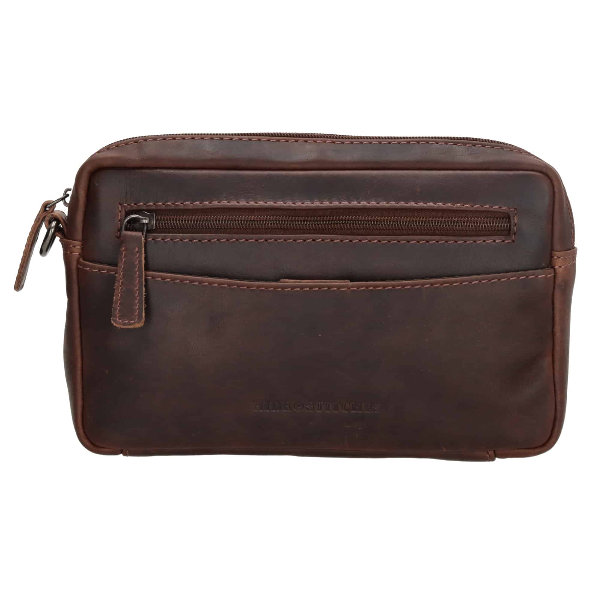 Handgelenktasche für Herren von Hide & Stitches. Ledertasche mit Handgelenkschlaufe. Kleine Herrentasche aus Rindleder. Slow Fashion. Farbe dunkelbraun. Lederwaren Ostwestfalen, Lederdeele aus Delbrück. Ansicht Vorderseite