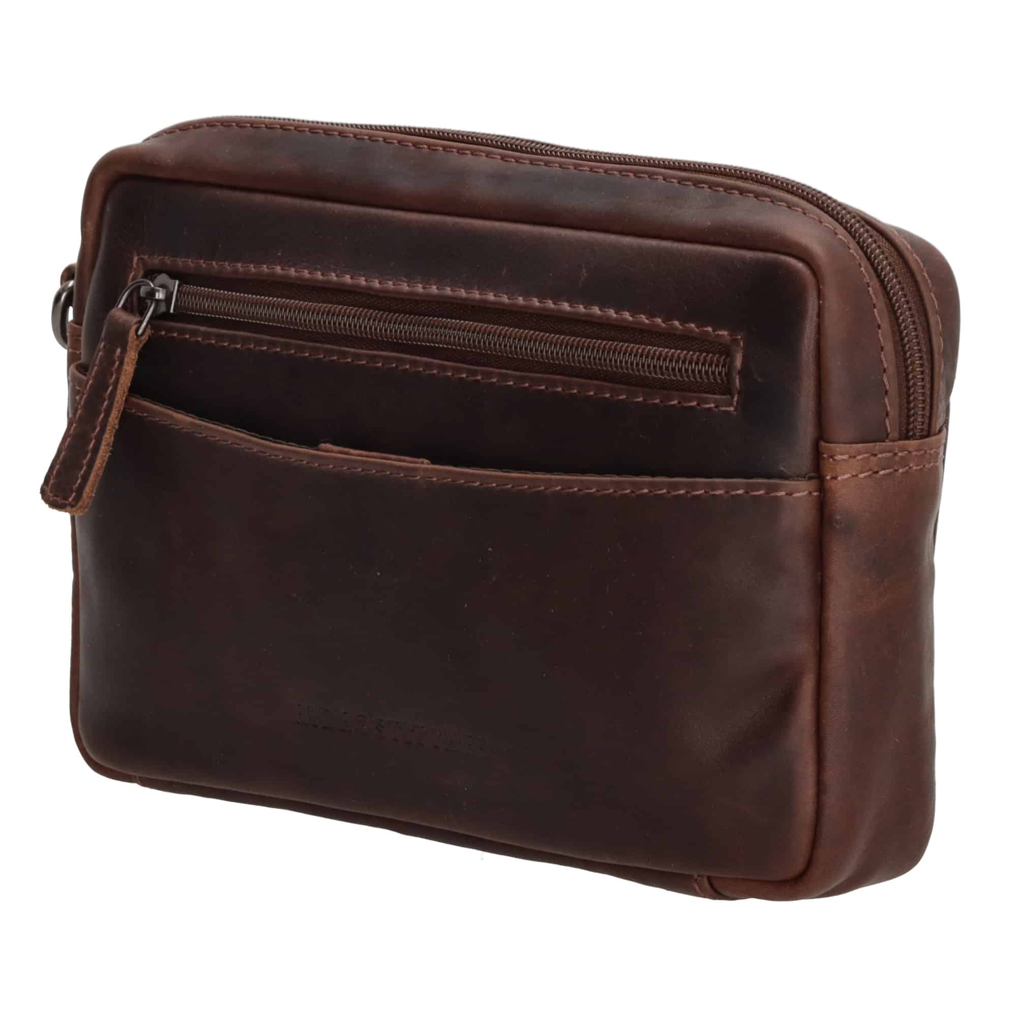 Handgelenktasche für Herren von Hide & Stitches. Ledertasche mit Handgelenkschlaufe. Kleine Herrentasche aus Rindleder. Slow Fashion. Farbe dunkelbraun. Lederwaren Ostwestfalen, Lederdeele aus Delbrück. Ansicht Seitenansicht