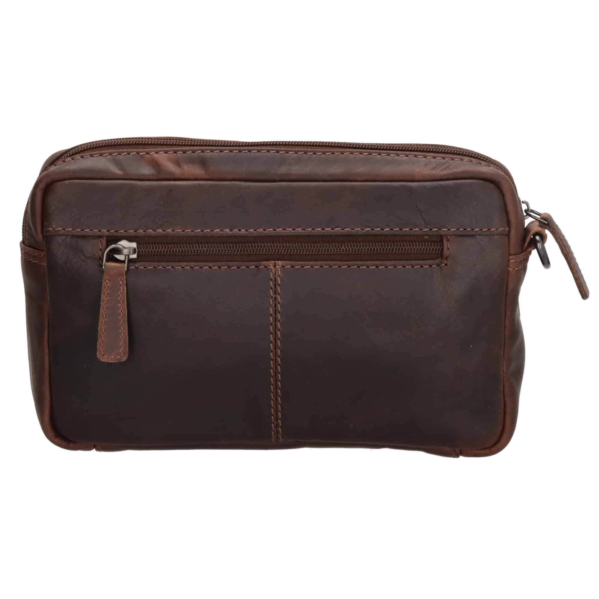 Handgelenktasche für Herren von Hide & Stitches. Ledertasche mit Handgelenkschlaufe. Kleine Herrentasche aus Rindleder. Slow Fashion. Farbe dunkelbraun. Lederwaren Ostwestfalen, Lederdeele aus Delbrück. Ansicht Rückseite