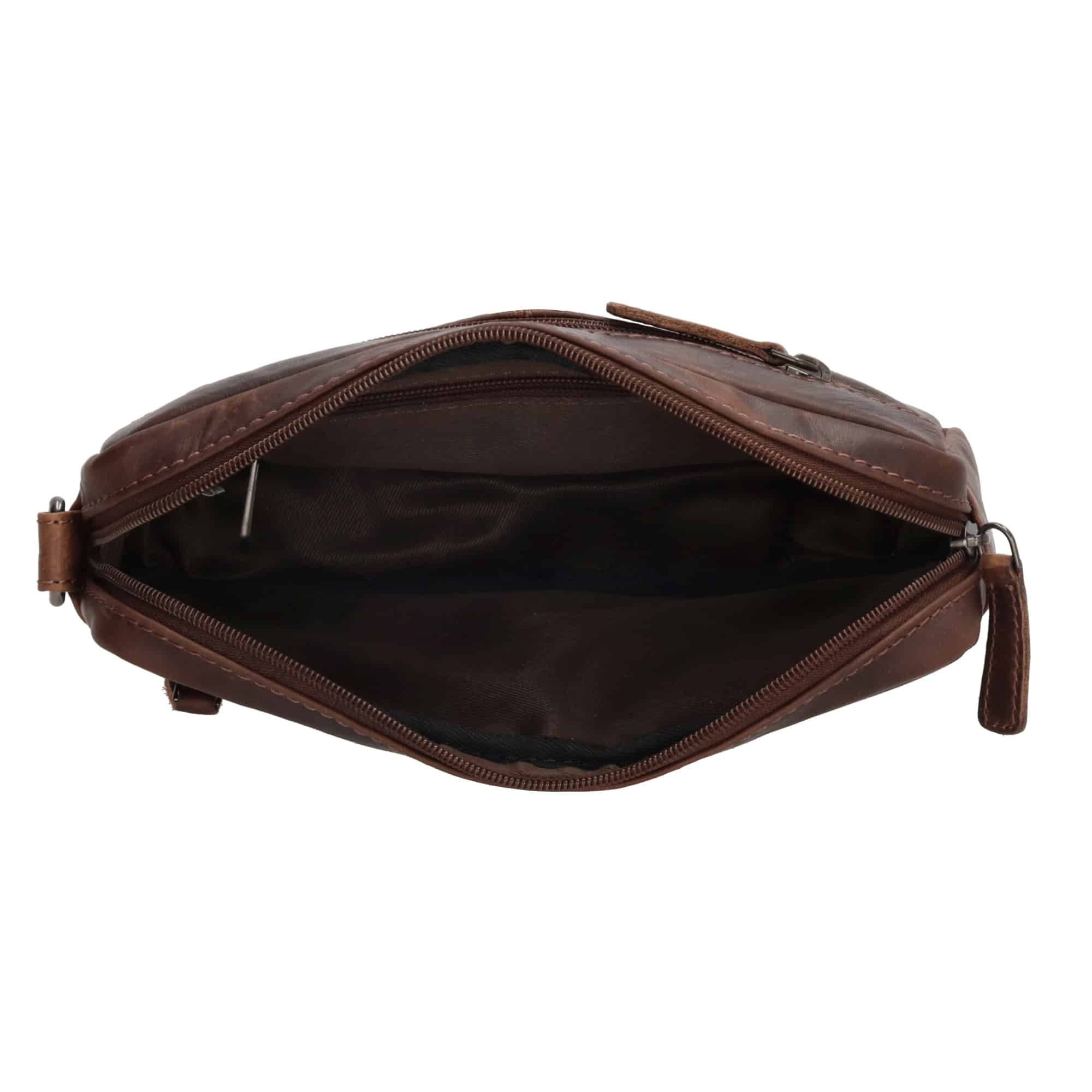 Handgelenktasche für Herren von Hide & Stitches. Ledertasche mit Handgelenkschlaufe. Kleine Herrentasche aus Rindleder. Slow Fashion. Farbe dunkelbraun. Lederwaren Ostwestfalen, Lederdeele aus Delbrück. Ansicht Innenansicht