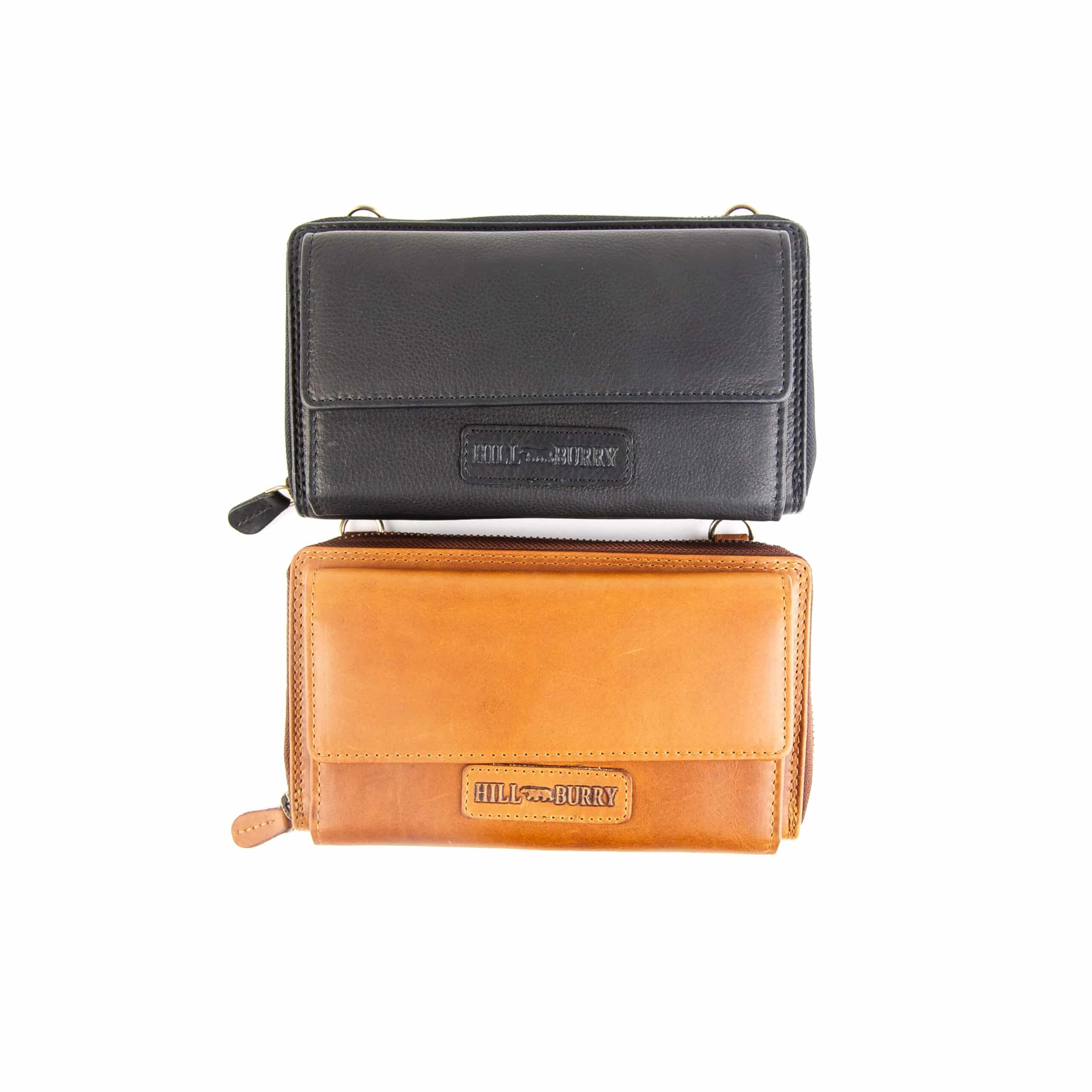 Handytasche mit Geldbörse_zum umhängen_Portemonnaie_Damen_Leder_Slow Fashion_Hill Burry_RFID_Lederwaren_Lederdeele_Delbrück_01 Handytasche mit Geldbörse von Hill Burry im Querformat. Portemonnaie und Handyfach für Damen. Slow Fashion Umhängetasche aus Leder mit RFID Schutz. Lederwaren Ostwestfalen, Lederdeele aus Delbrück. Gruppenbild Farbe schwarz und cognac braun