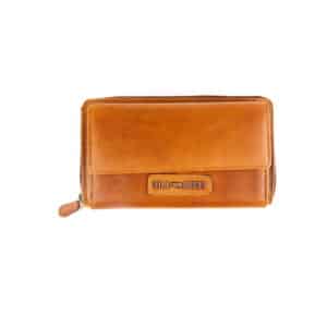 Handytasche mit Geldbörse von Hill Burry im Querformat. Farbe cognac braun. Portemonnaie und Handyfach für Damen. Slow Fashion Umhängetasche aus Leder mit RFID Schutz. Lederwaren Ostwestfalen, Lederdeele aus Delbrück. Ansicht Vorderseite