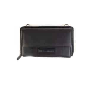 Handytasche mit Geldbörse von Hill Burry im Querformat. Farbe schwarz. Portemonnaie und Handyfach für Damen. Slow Fashion Umhängetasche aus Leder mit RFID Schutz. Lederwaren Ostwestfalen, Lederdeele aus Delbrück. Ansicht Vorderseite