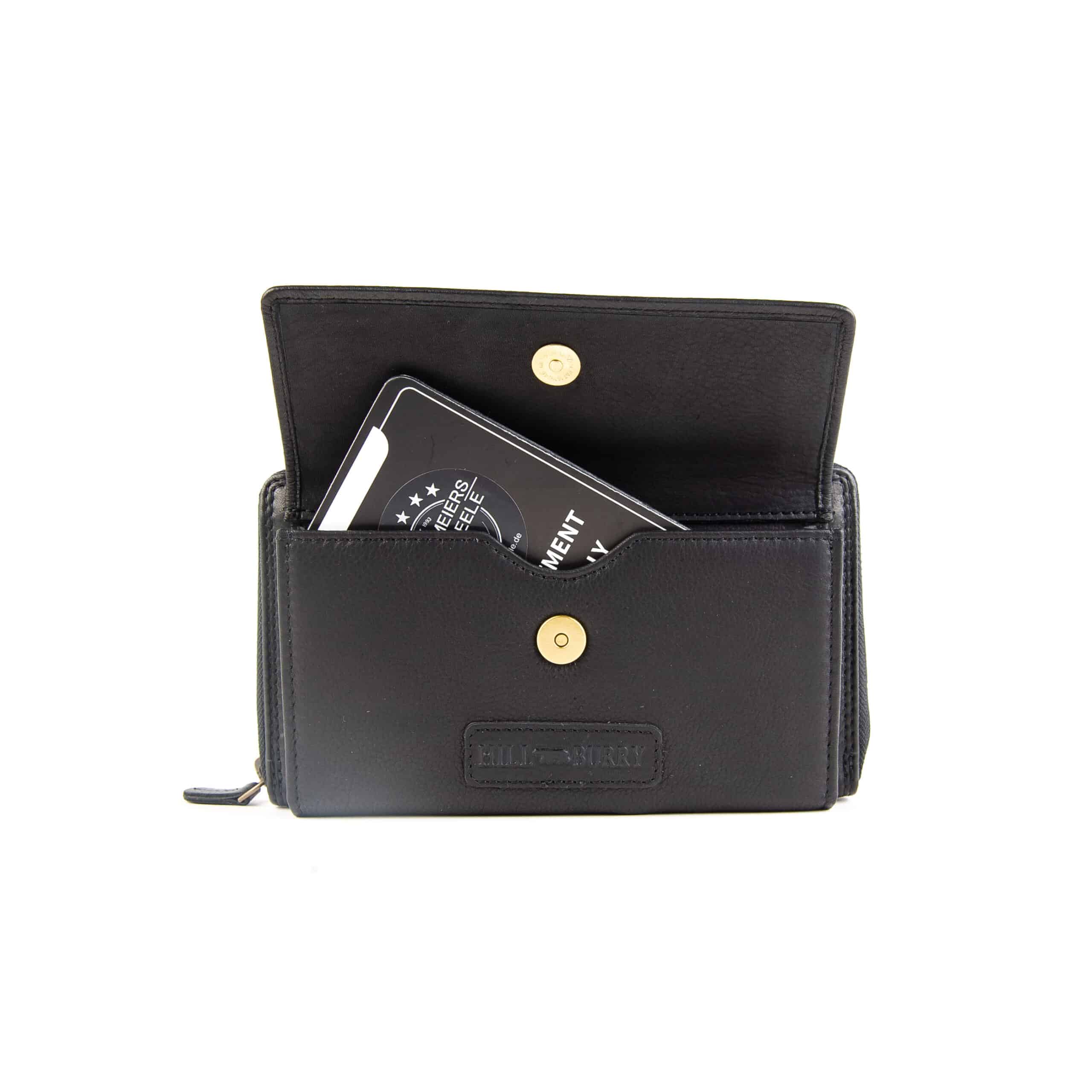 Handytasche mit Geldbörse_zum umhängen_Portemonnaie_Damen_schwarz_Leder_Slow Fashion_Hill Burry_RFID_Lederwaren_Lederdeele_Delbrück_02 Handytasche mit Geldbörse von Hill Burry im Querformat. Farbe schwarz. Portemonnaie und Handyfach für Damen. Slow Fashion Umhängetasche aus Leder mit RFID Schutz. Lederwaren Ostwestfalen, Lederdeele aus Delbrück. Ansicht Handyfach