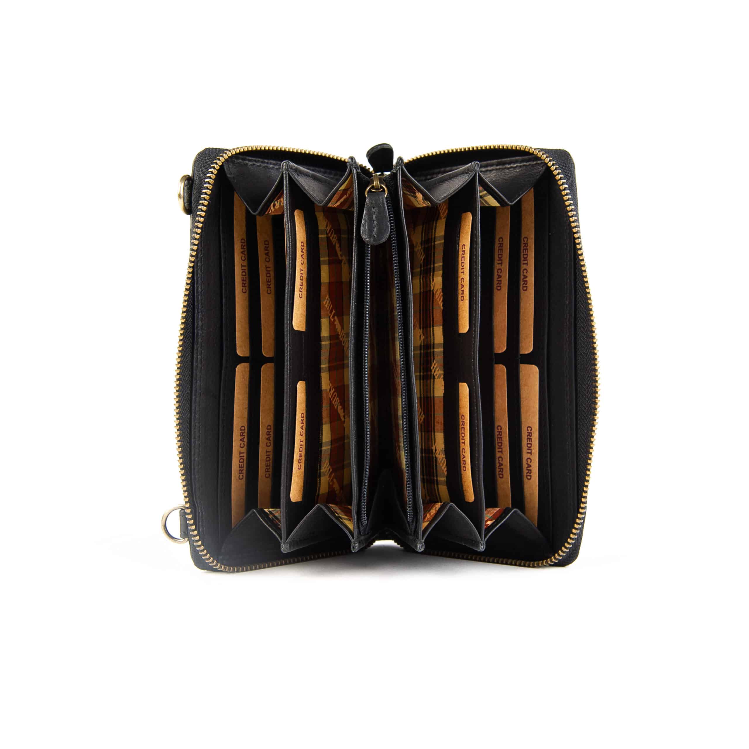 Handytasche mit Geldbörse_zum umhängen_Portemonnaie_Damen_schwarz_Leder_Slow Fashion_Hill Burry_RFID_Lederwaren_Lederdeele_Delbrück_03 Handytasche mit Geldbörse von Hill Burry im Querformat. Farbe schwarz. Portemonnaie und Handyfach für Damen. Slow Fashion Umhängetasche aus Leder mit RFID Schutz. Lederwaren Ostwestfalen, Lederdeele aus Delbrück. Innenansicht