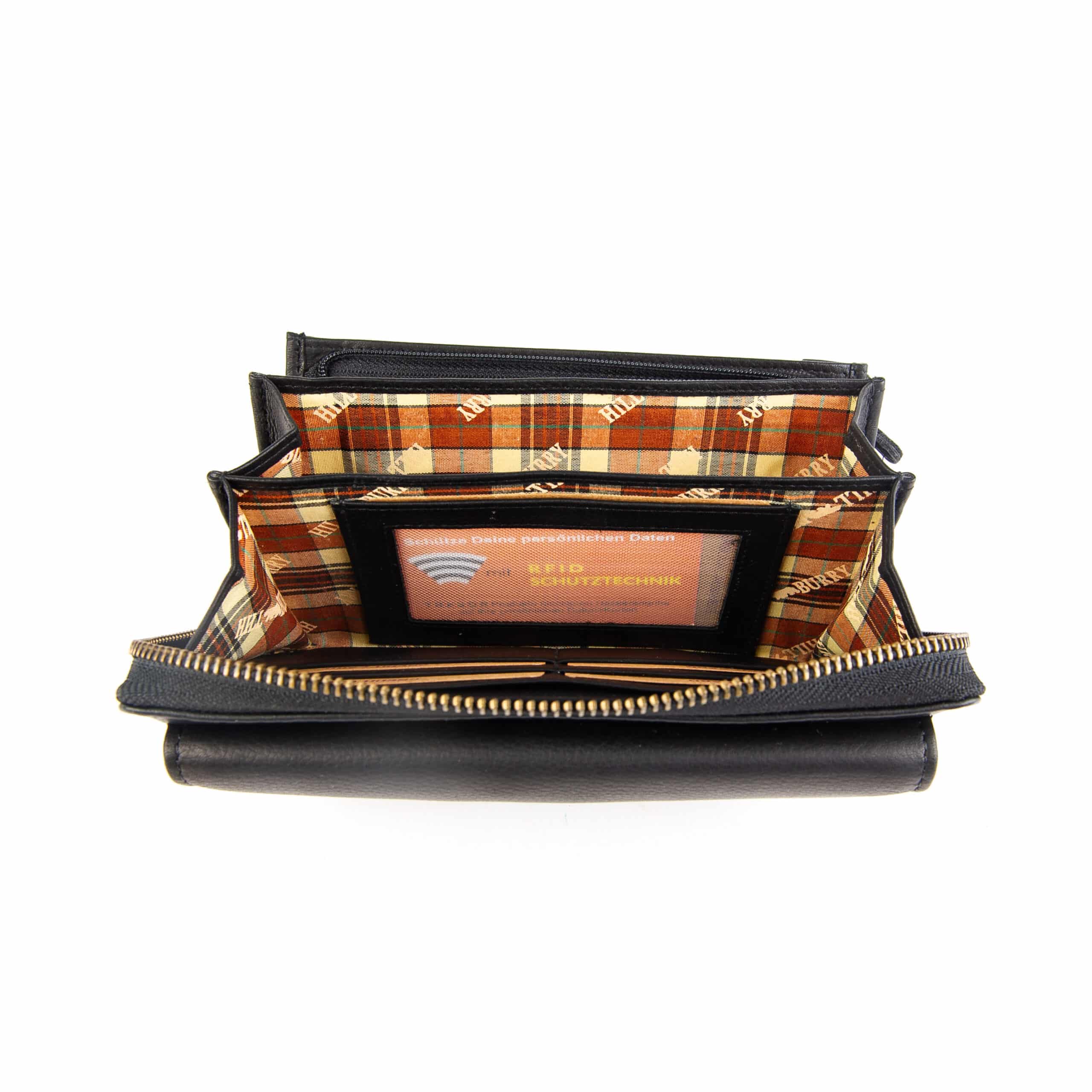 Handytasche mit Geldbörse_zum umhängen_Portemonnaie_Damen_schwarz_Leder_Slow Fashion_Hill Burry_RFID_Lederwaren_Lederdeele_Delbrück_06 Handytasche mit Geldbörse von Hill Burry im Querformat. Farbe schwarz. Portemonnaie und Handyfach für Damen. Slow Fashion Umhängetasche aus Leder mit RFID Schutz. Lederwaren Ostwestfalen, Lederdeele aus Delbrück. Ansicht Kartenfächer