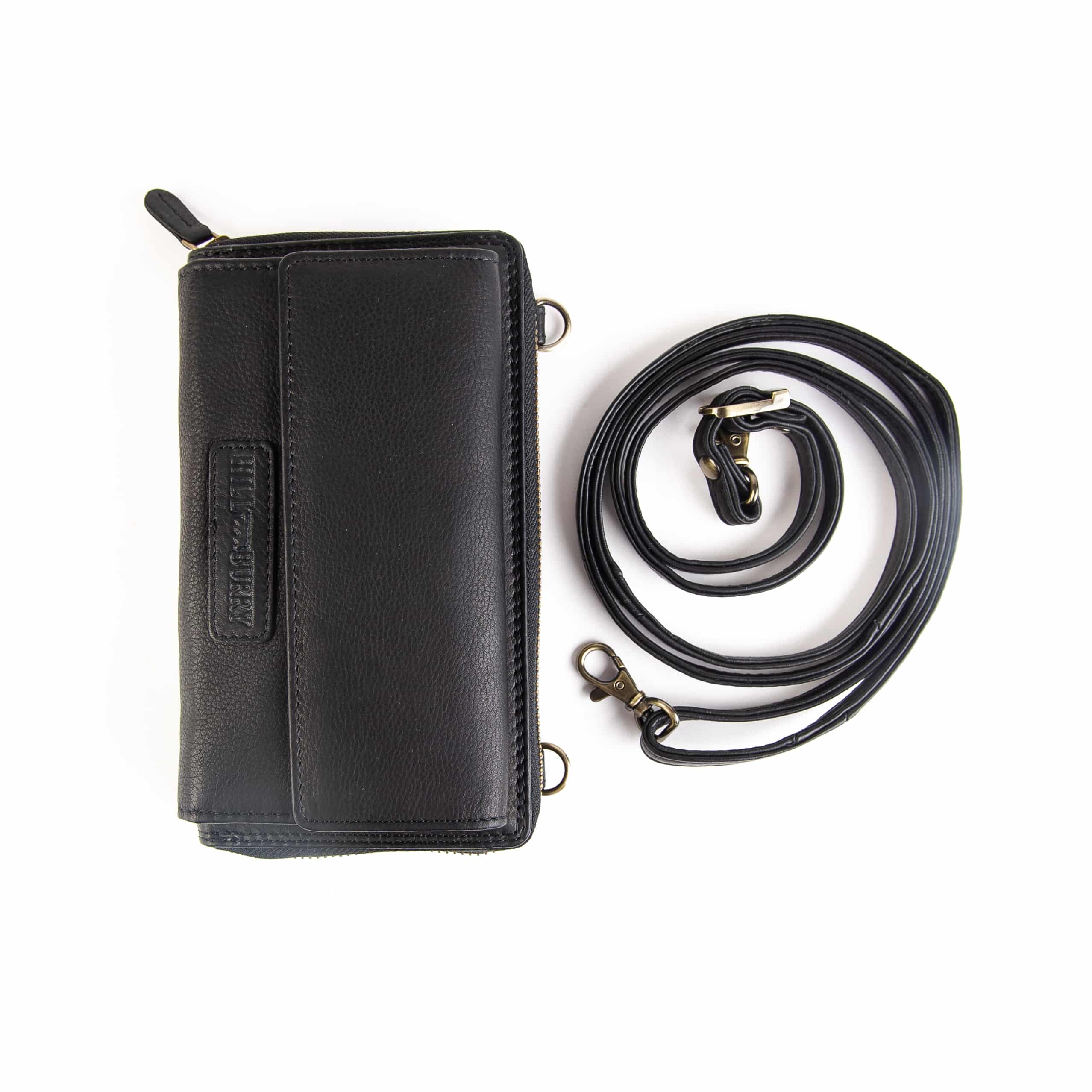 Handytasche mit Geldbörse_zum umhängen_Portemonnaie_Damen_schwarz_Leder_Slow Fashion_Hill Burry_RFID_Lederwaren_Lederdeele_Delbrück_07 Handytasche mit Geldbörse von Hill Burry im Querformat. Farbe schwarz. Portemonnaie und Handyfach für Damen. Slow Fashion Umhängetasche aus Leder mit RFID Schutz. Lederwaren Ostwestfalen, Lederdeele aus Delbrück. Ansicht Tragegurt