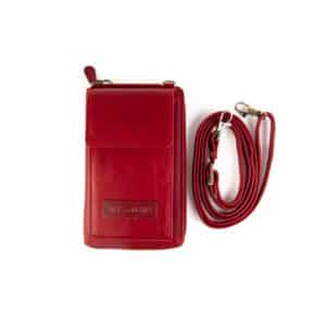 Handytasche mit Portemonnaie medium von Hill Burry. Kleine Ledertasche mit Geldbörse und Smartphone Fach zum Umhängen. Mittlere Größe mit langem Tragegurt. Rindleder, Slow Fashion. Farbe rot. Lederwaren Ostwestfalen, Lederdeele aus Delbrück. Vorderseite Tragegurt