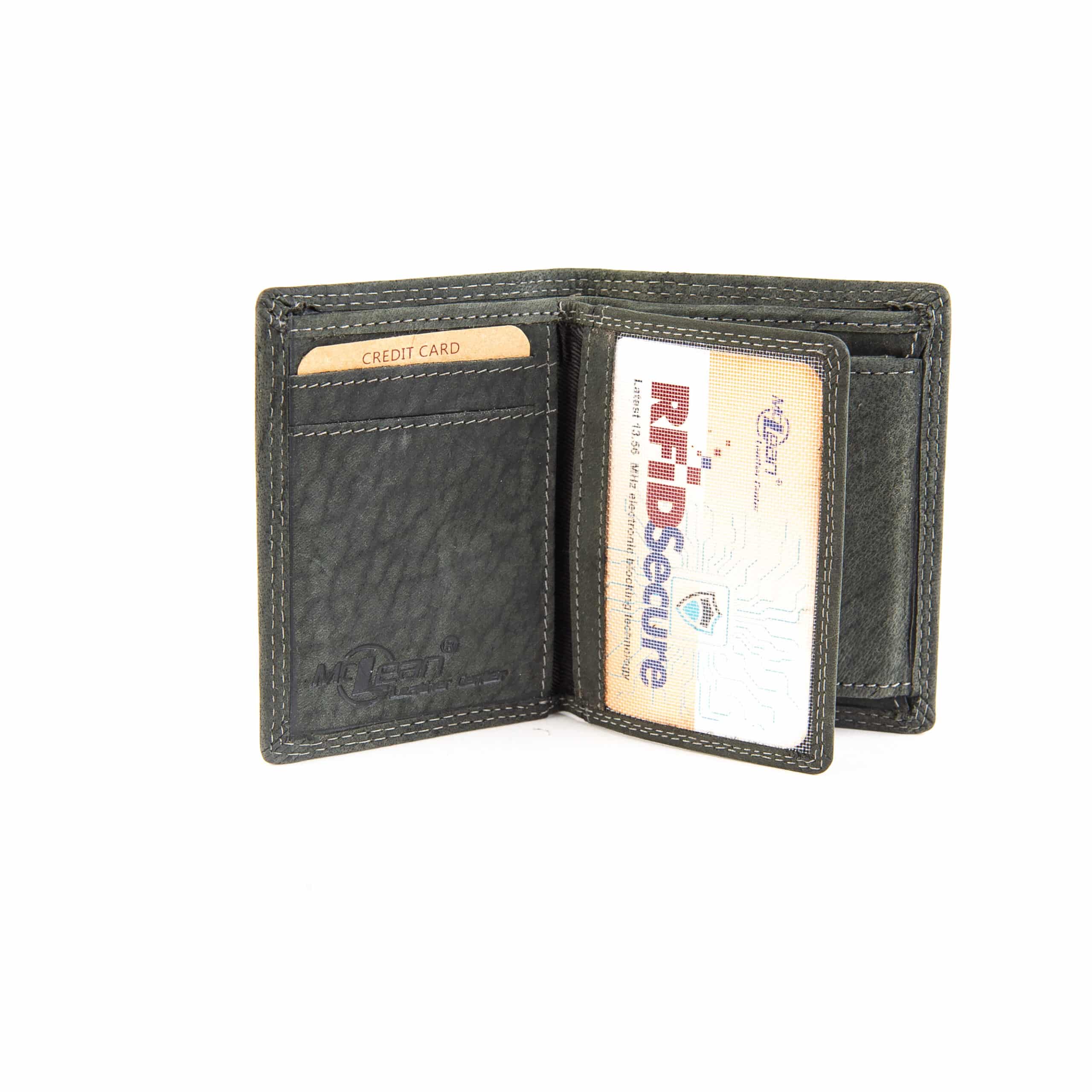 mini Geldbörse Herren im Hochformat von McLean. Kleines Leder Portemonnaie mit RFID Schutz. Naturleder, Büffelleder. Farbe schwarz. Lederwaren Ostwestfalen, Lederdeele aus Delbrück. Innenansicht Kartenfächer