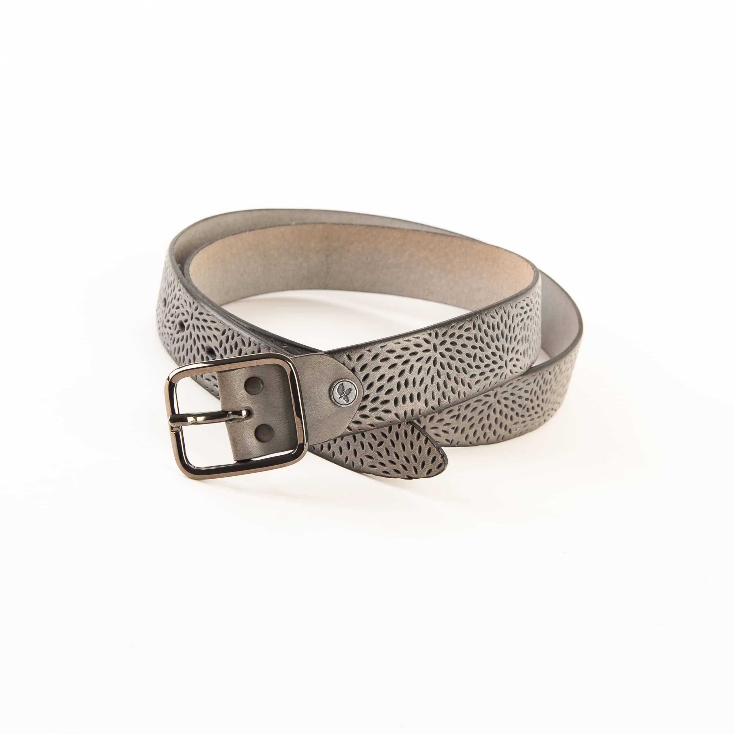 Greenbelts Damengürtel Jette, Ledergürtel für Damen aus hochwertigem Rindleder, pflanzlich gegerbt, made in Germany. Gürtel aus Leder in grau. Lederwaren in Ostwestfalen, Lederdeele aus Delbrück. Ansicht Vorderseite