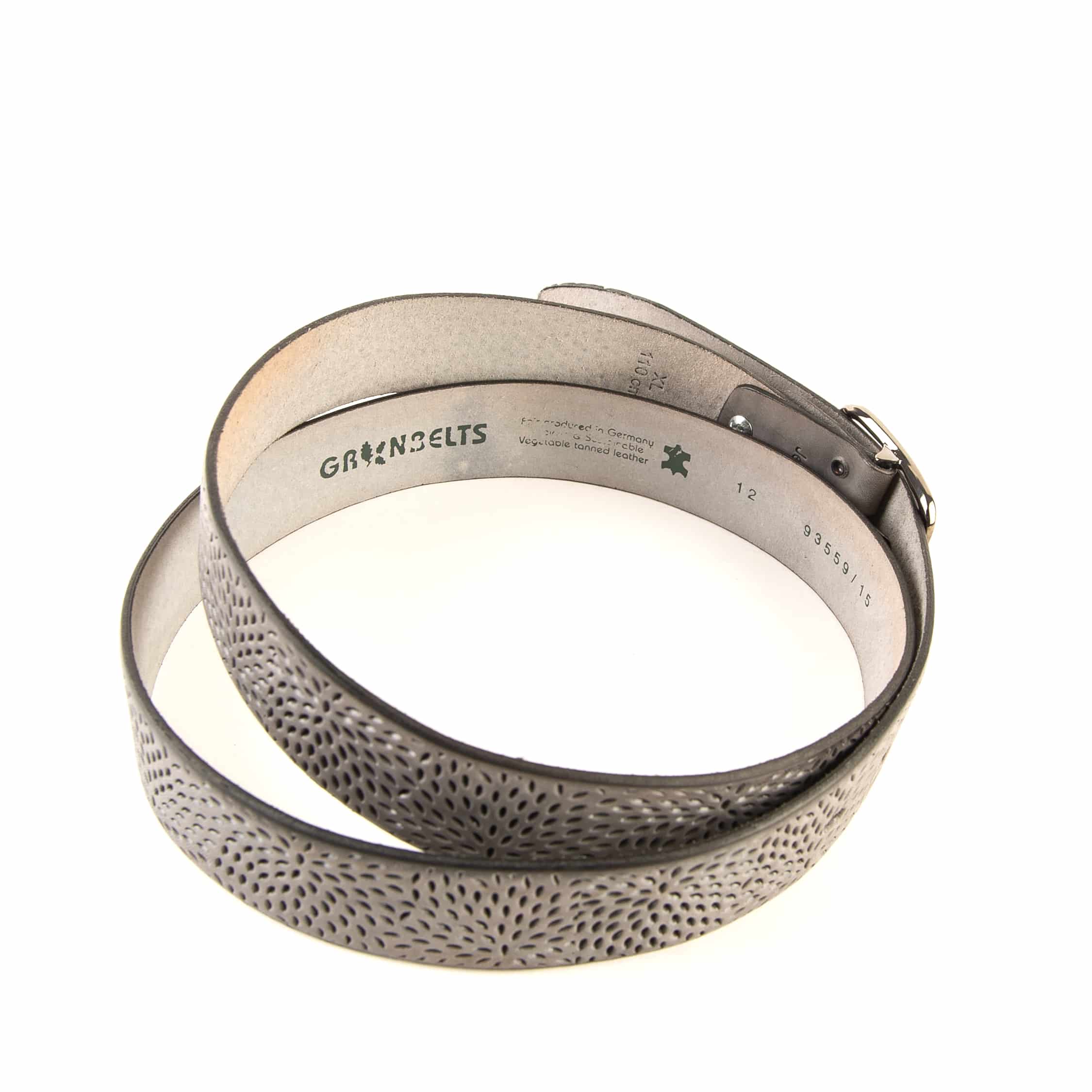 Greenbelts Damengürtel Jette, Ledergürtel für Damen aus hochwertigem Rindleder, pflanzlich gegerbt, made in Germany. Gürtel aus Leder in grau. Lederwaren in Ostwestfalen, Lederdeele aus Delbrück. Ansicht Innenseite Leder