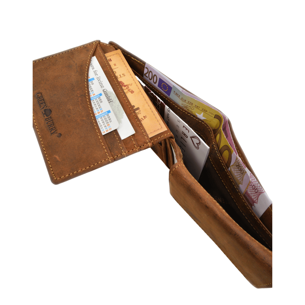 Greenburry Geldbörse Herren. Leder Portemonnaie im Vintage Stil. Slow Fashion Rindleder, RFID. Querformat. Farbe Sattelbraun. Lederwaren Ostwestfalen, Lederdeele Delbrück. Ansicht Scheinfach