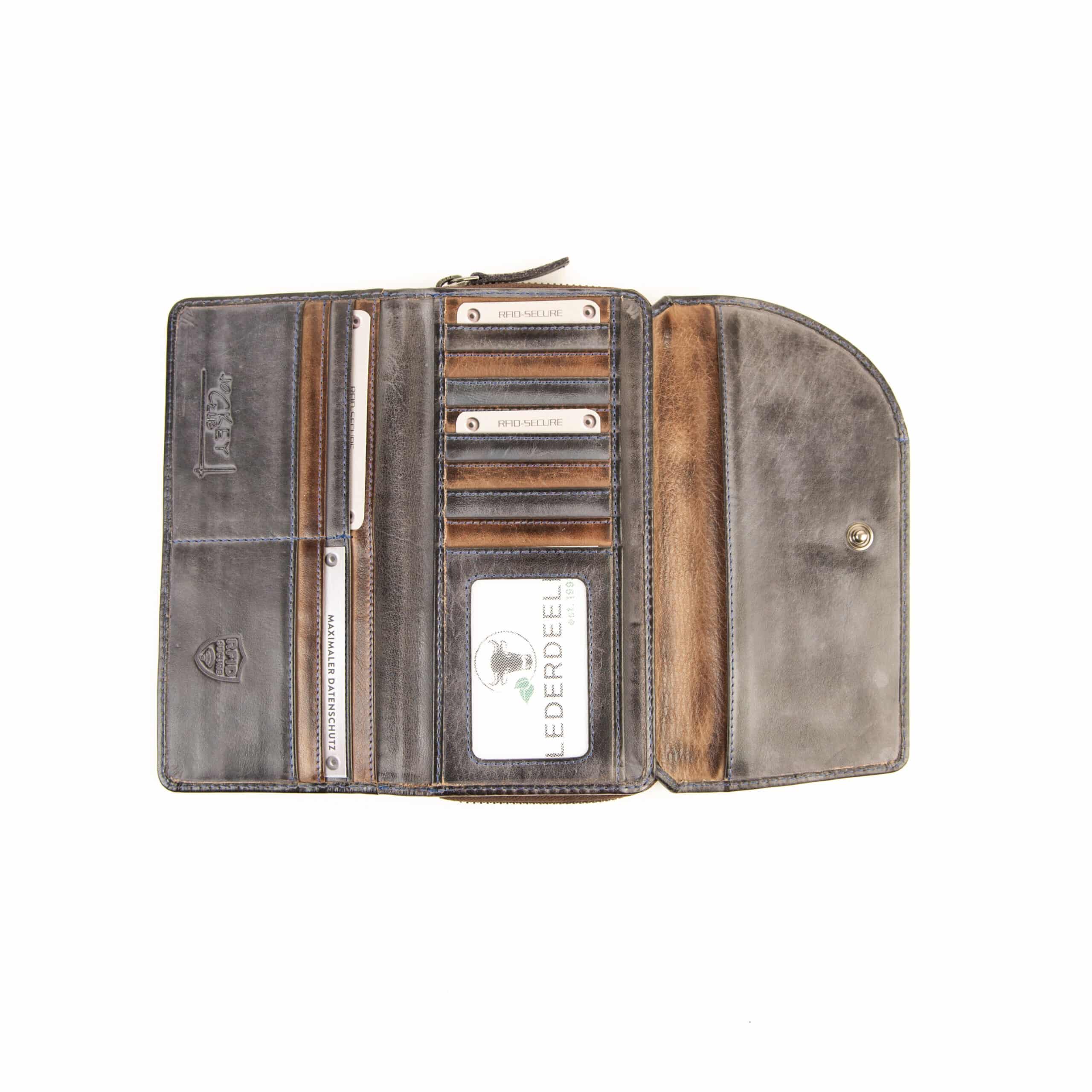 Jockey Club Damenbörse large. Leder Geldbörse mit RFID Schutz. Slow Fashion Rindleder. Farbe blau. Lederwaren in Ostwestfalen, Lederdeele aus Delbrück. Ansicht Kartenfächer