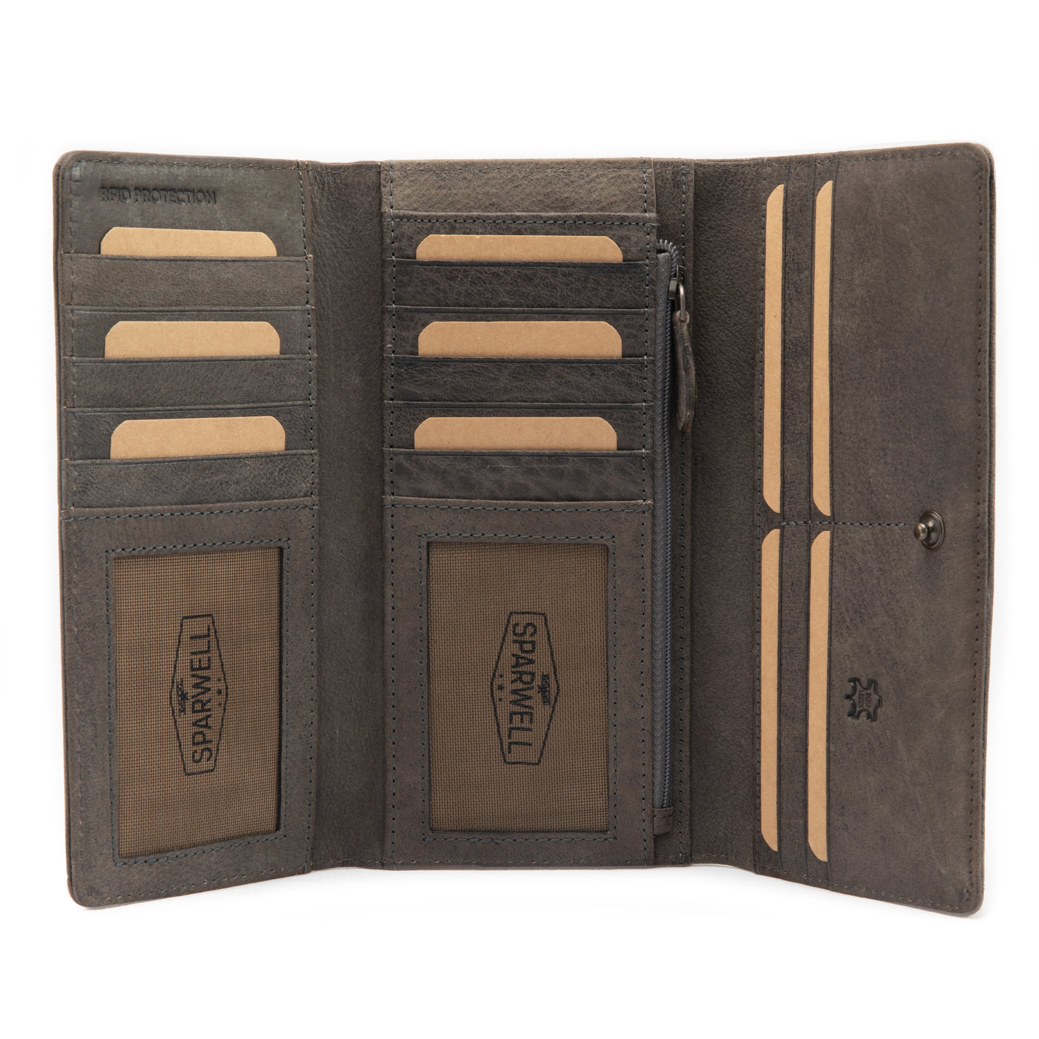 Sparwell Geldbörse Luisa_grau_Portemonnaie Damen_Büffelleder_Damenbörse_RFID_Slow Fashion_Lederwaren_Ostwestfalen_Lederdeele_Delbrück_04 Sparwell Geldbörse Luisa. Portemonnaie für Damen aus Büffelleder und Baumwolle. Große Damenbörse mit RFID Schutz, Slow Fashion. Farbe Grau. Lederwaren in Ostwestfalen, Lederdeele aus Delbrück. Ansicht Innenansicht