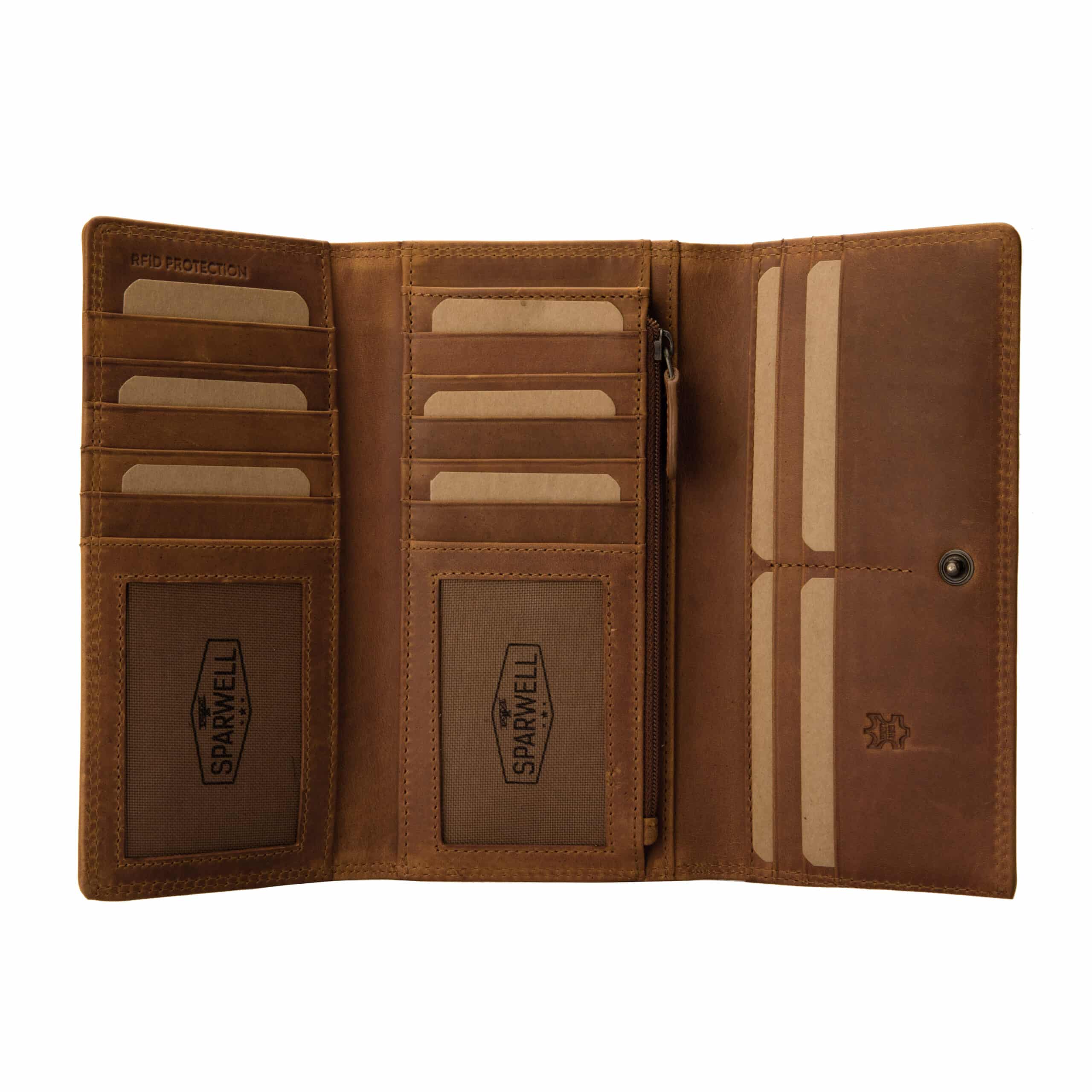 Sparwell Geldbörse Nova_cognac_Portemonnaie Damen_Rindleder_Damenbörse_RFID_Slow Fashion_Lederwaren_Ostwestfalen_Lederdeele_Delbrück_05 Sparwell Geldbörse Nova. Portemonnaie für Damen aus Rindleder und Baumwolle. Große Damenbörse mit RFID Schutz, Slow Fashion. Farbe Cognac. Lederwaren in Ostwestfalen, Lederdeele aus Delbrück. Ansicht Innenansicht