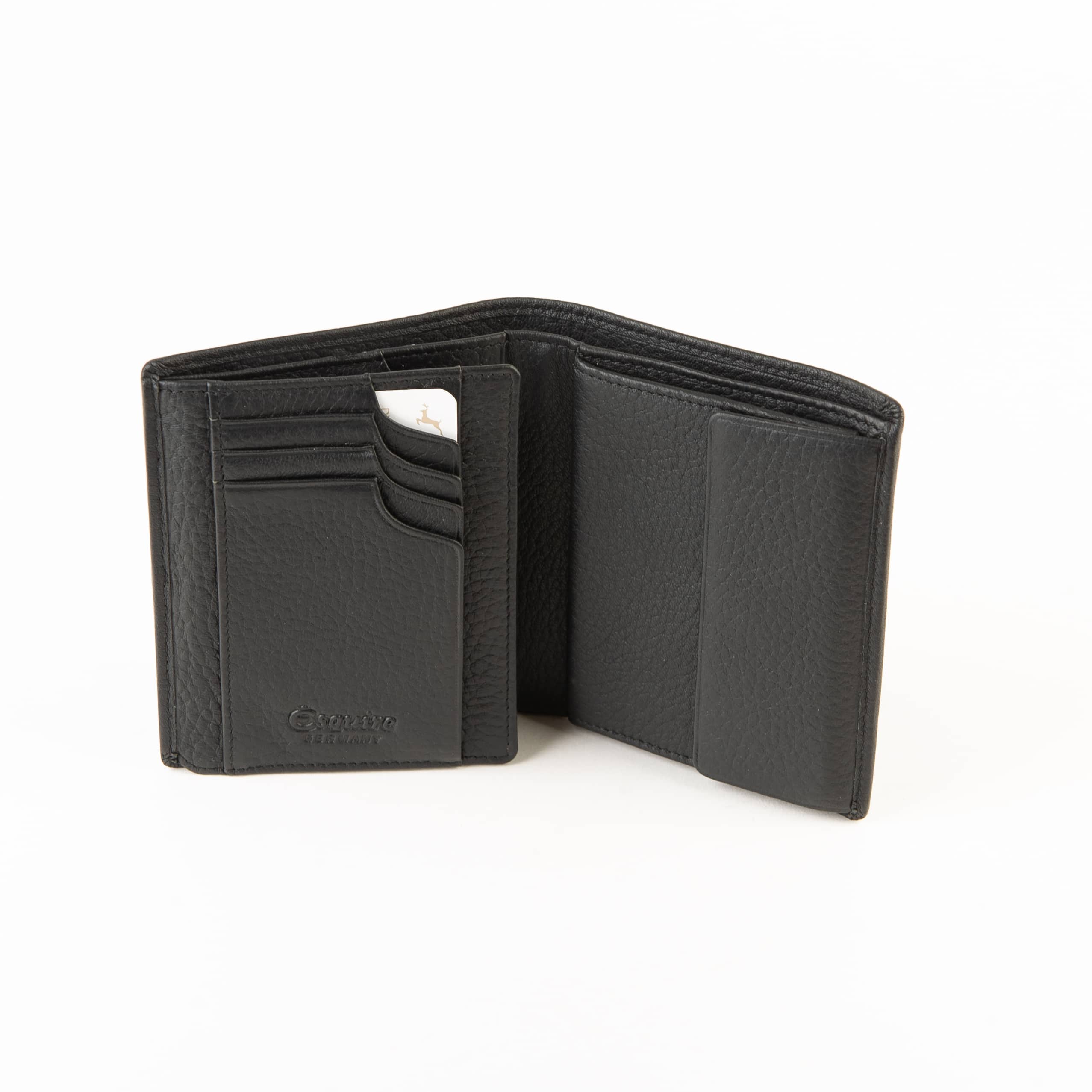 Esquire Deer Hochformatbörse Herren_schwarz_Portemonnaie_Hirschleder_exklusiv_RFID_Lederwaren Ostwestfalen_Lederdeele Delbrück_07 Esquire Deer Hochformatbörse Herren. Exklusives Portemonnaie aus weichem Hirschleder. Geldbörse mit RFID Schutz und patentiertem Card Safe System. Hochformat. Farbe schwarz. Lederwaren in Ostwestfalen, Lederdeele Delbrück. Ansicht Kartenfächer