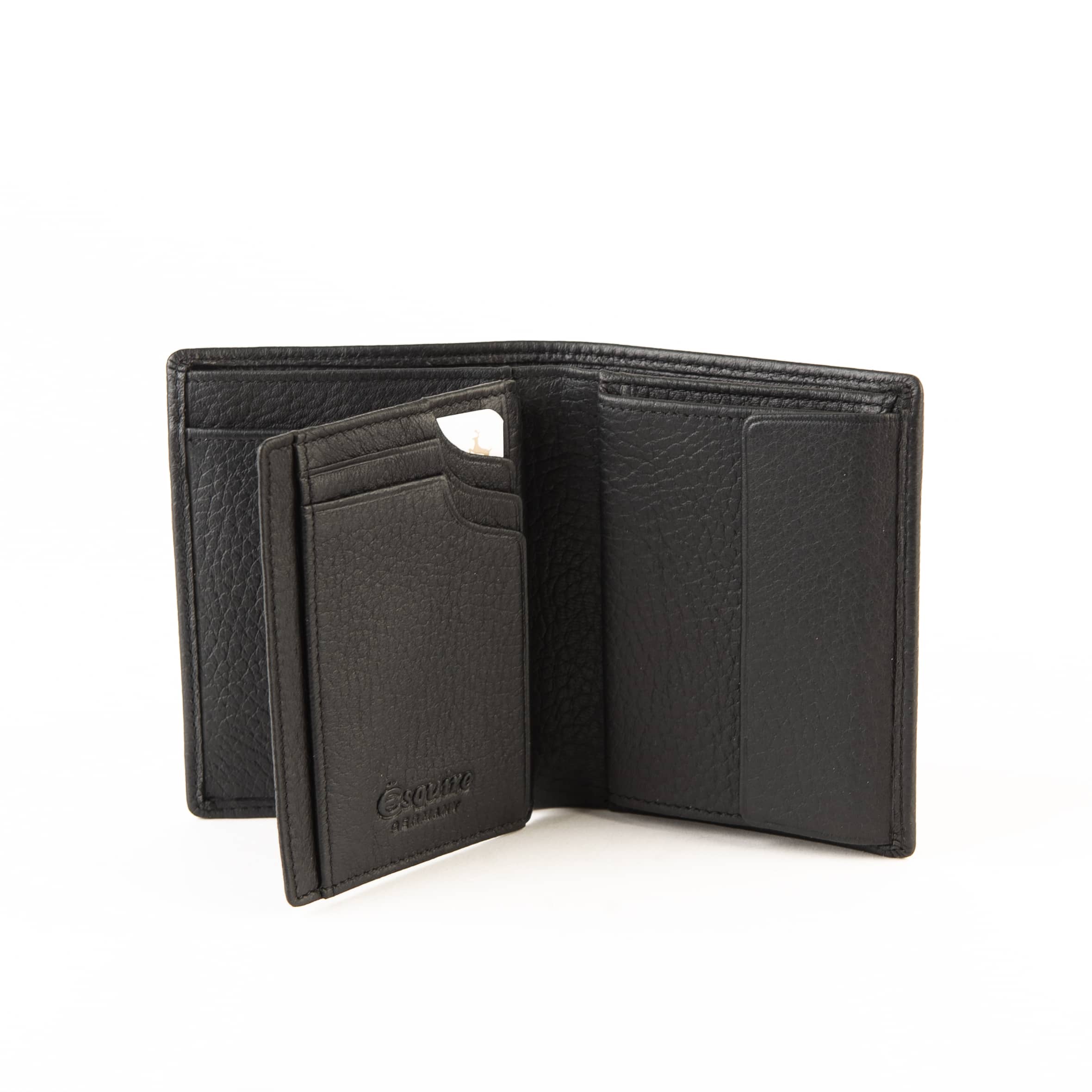Esquire Deer Zwischengröße Hochformat. Exklusives Portemonnaie aus weichem Hirschleder. Geldbörse mit RFID Schutz und patentiertem Card Safe System. Hochformatbörse Herren. Farbe schwarz. Lederwaren in Ostwestfalen, Lederdeele Delbrück. Ansicht Innenansicht Kartenfächer
