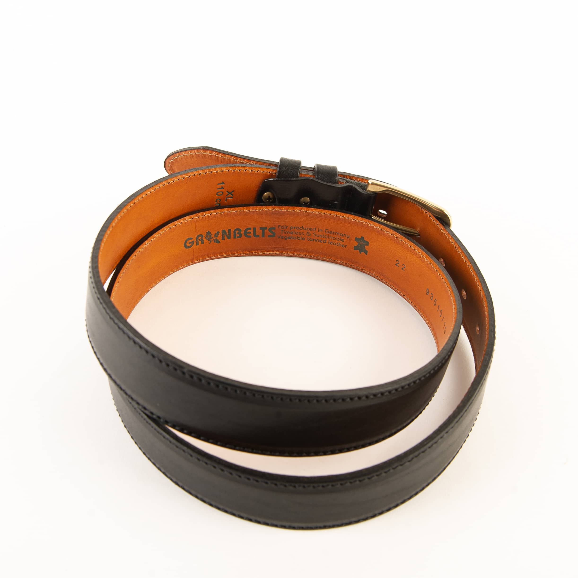 Greenbelts Herrengürtel Leland mit Messing Dornschließe. Ledergürtel für Herren aus zwei Schichten hochwertigem Oberflächenleder. Gürtel aus Leder. Farbe Schwarz. Lederwaren in Ostwestfalen, Lederdeele aus Delbrück. Ansicht Innenansicht