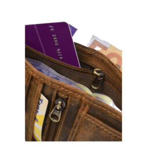 Greenburry Riegelbörse Hochformat mit RFID Schutz. Vintage Portemonnaie aus Rindleder mit Innenriegel. Geldbörse für Herren. Farbe Sattelbraun. Lederwaren in Ostwestfalen, Lederdeele aus Delbrück. Ansicht Scheinfach mit Reißverschluss