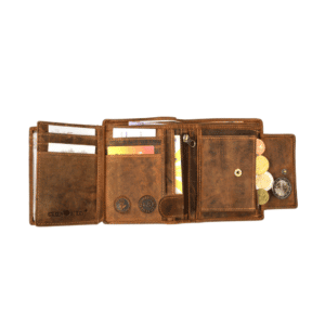 Greenburry Riegelbörse Hochformat mit RFID Schutz. Vintage Portemonnaie aus Rindleder mit Innenriegel. Geldbörse für Herren. Farbe Sattelbraun. Lederwaren in Ostwestfalen, Lederdeele aus Delbrück. Ansicht Innenansicht
