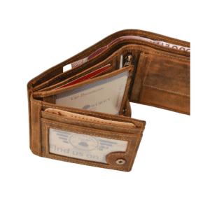 Greenburry Riegelbörse Querformat mit RFID Schutz. Vintage Portemonnaie aus Rindleder mit Innenriegel. Geldbörse für Herren. Farbe Sattelbraun. Lederwaren in Ostwestfalen, Lederdeele aus Delbrück. Ansicht Kartenfächer