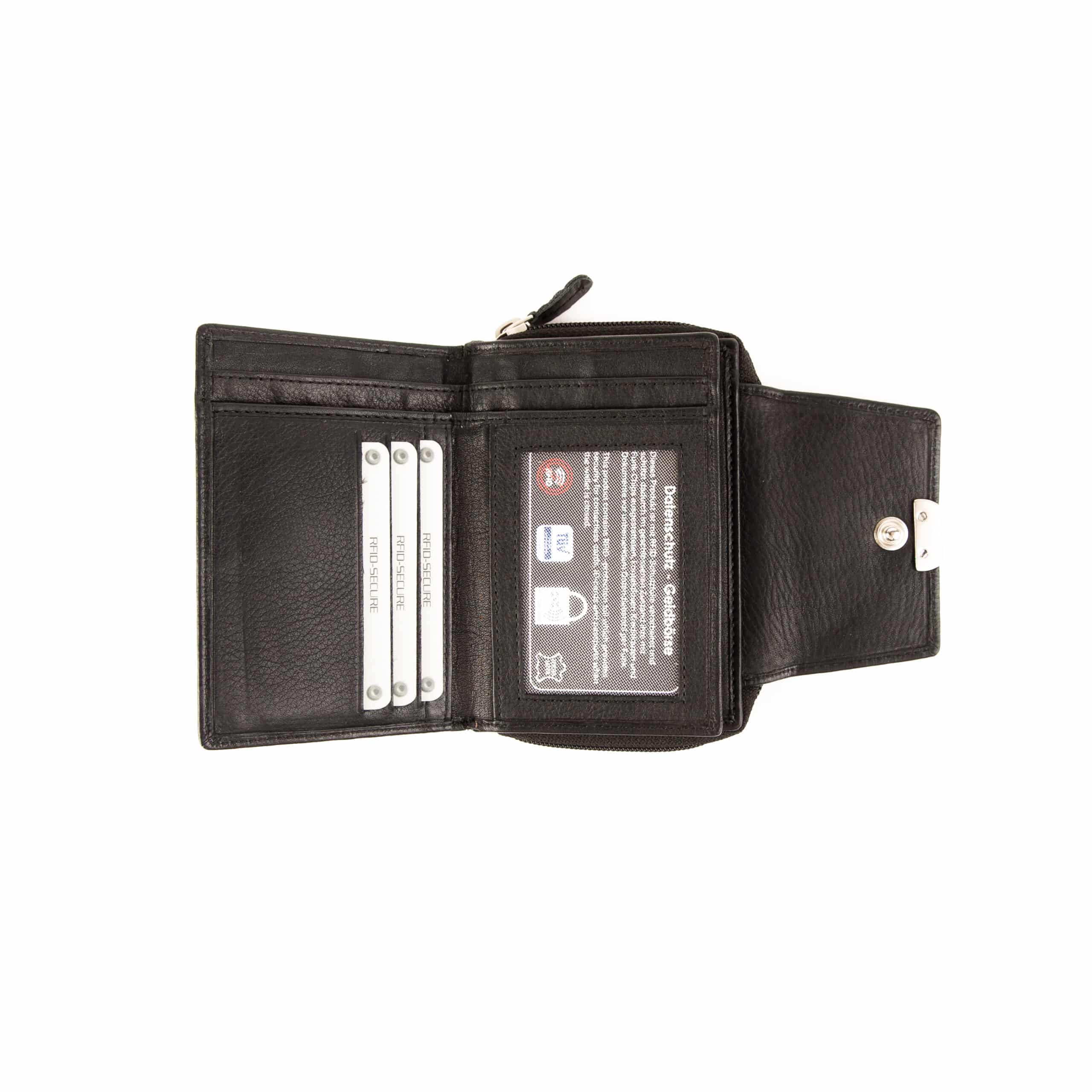 Jockey Club Massala Damenbörse, Portemonnaie aus Rindleder mit RFID Schutz. Geldbörse für Damen mit Reißverschluss. Farbe schwarz. Lederwaren Ostwestfalen, Lederdeele aus Delbrück Paderborn. Ansicht Innenansicht