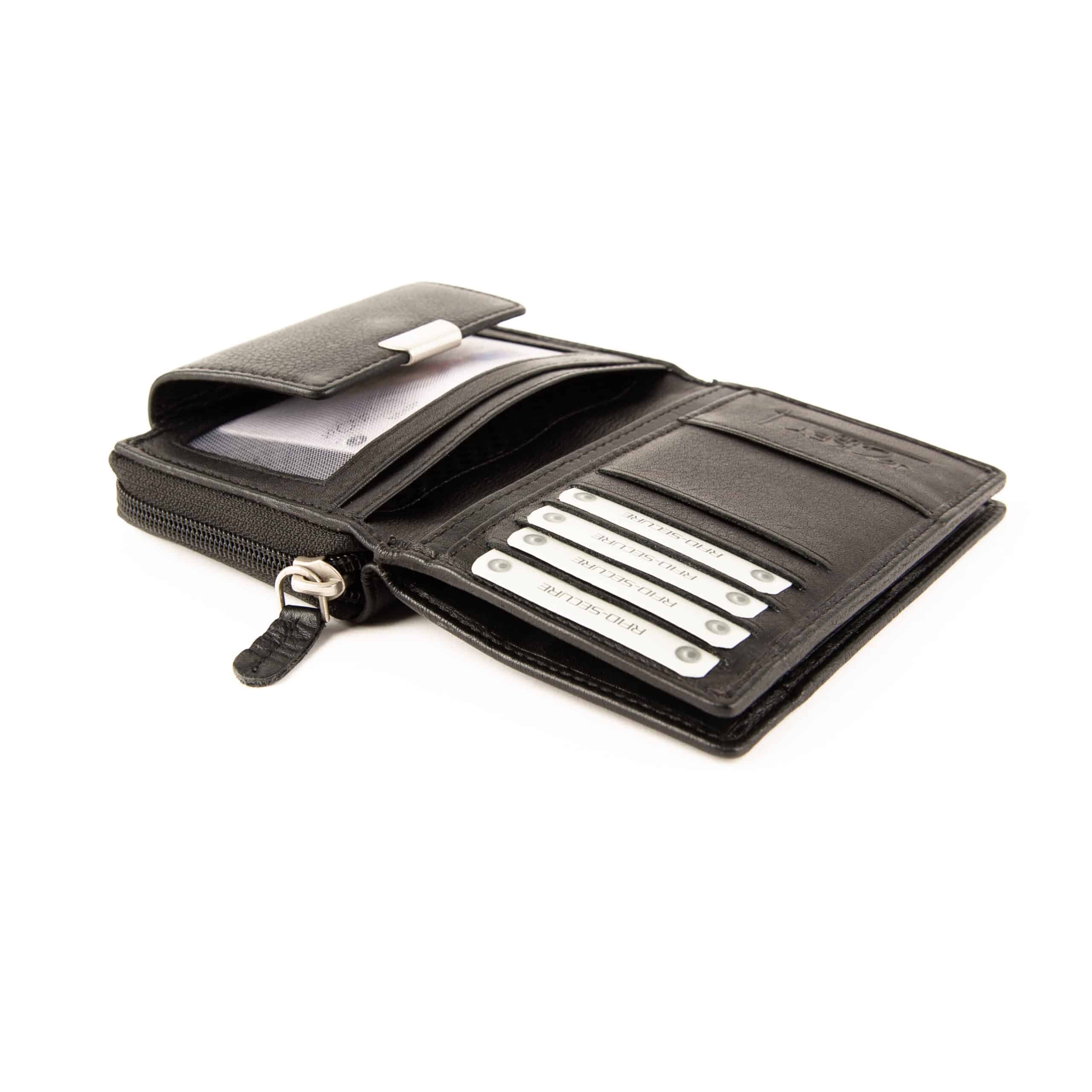 Jockey Club Massala Damenbörse, Portemonnaie aus Rindleder mit RFID Schutz. Geldbörse für Damen mit Reißverschluss. Farbe schwarz. Lederwaren Ostwestfalen, Lederdeele aus Delbrück Paderborn. Ansicht Steckfach