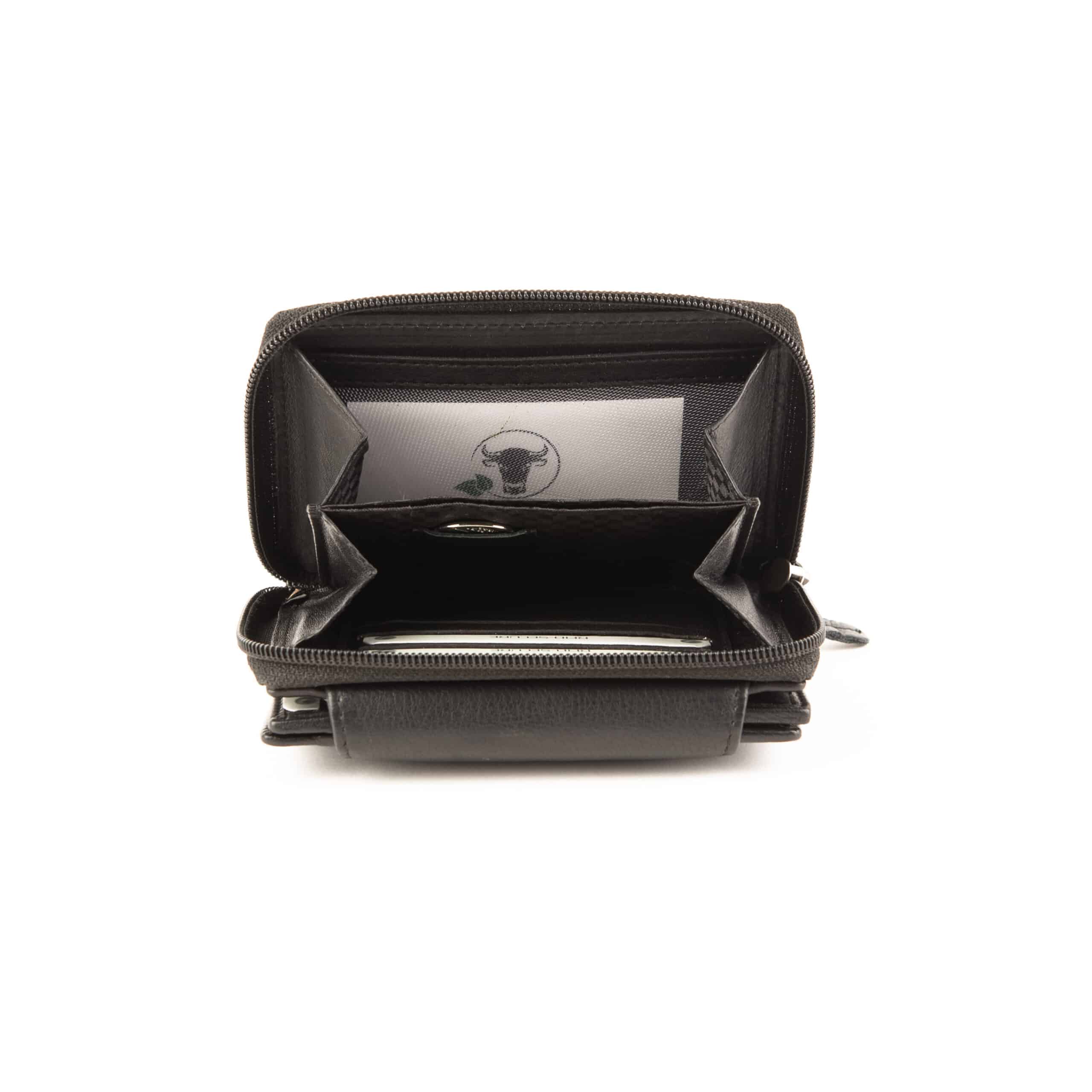 Jockey Club Massala Damenbörse, Portemonnaie aus Rindleder mit RFID Schutz. Geldbörse für Damen mit Reißverschluss. Farbe schwarz. Lederwaren Ostwestfalen, Lederdeele aus Delbrück Paderborn. Ansicht Münzfach